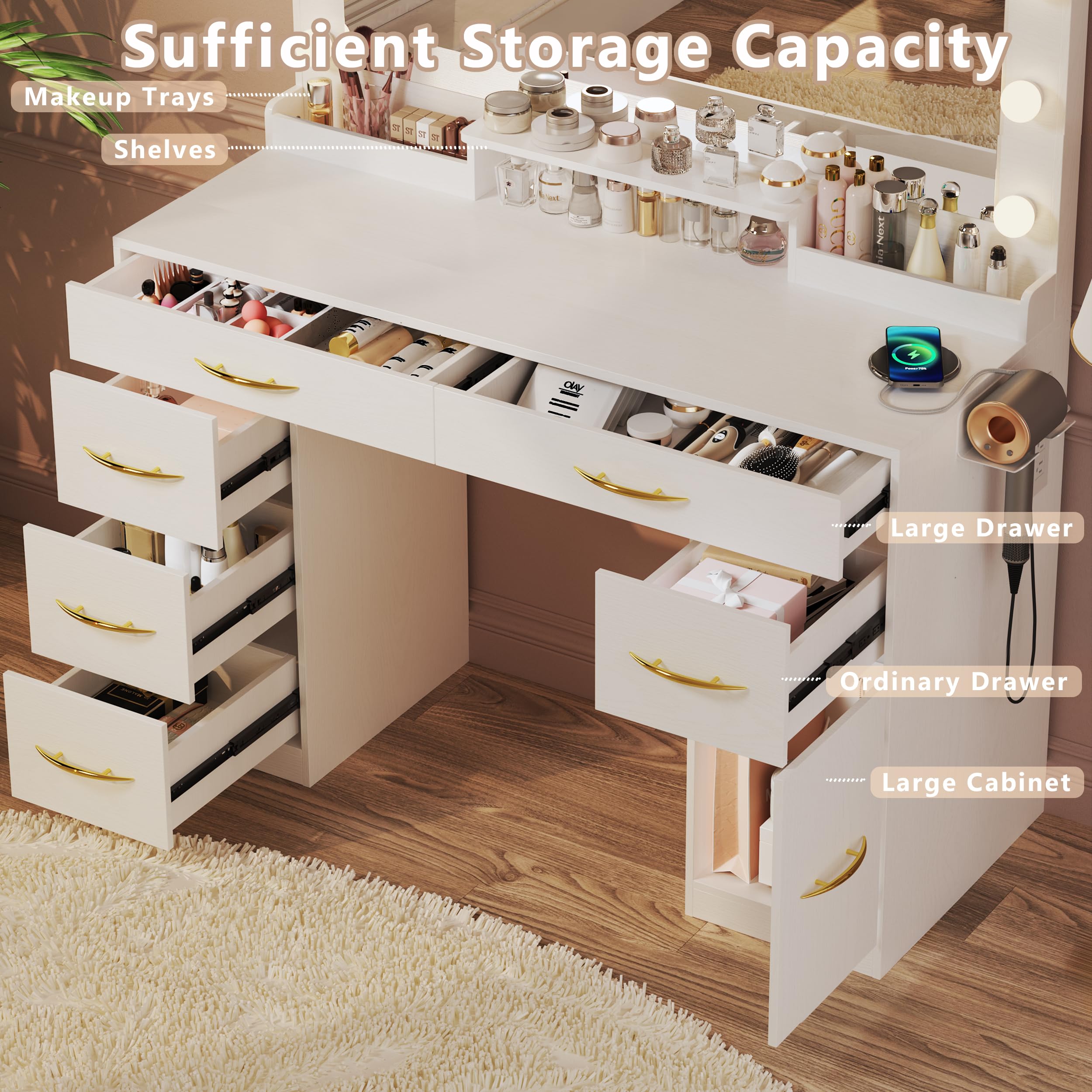 White Makeup Vanity Desk with LED Lights & Large Mirror - Adjustable 3-Color Lighting, Power Outlets & Spacious Drawers - Perfect Dressing Table for Bedroom, Beauty Salon, or Home Studio