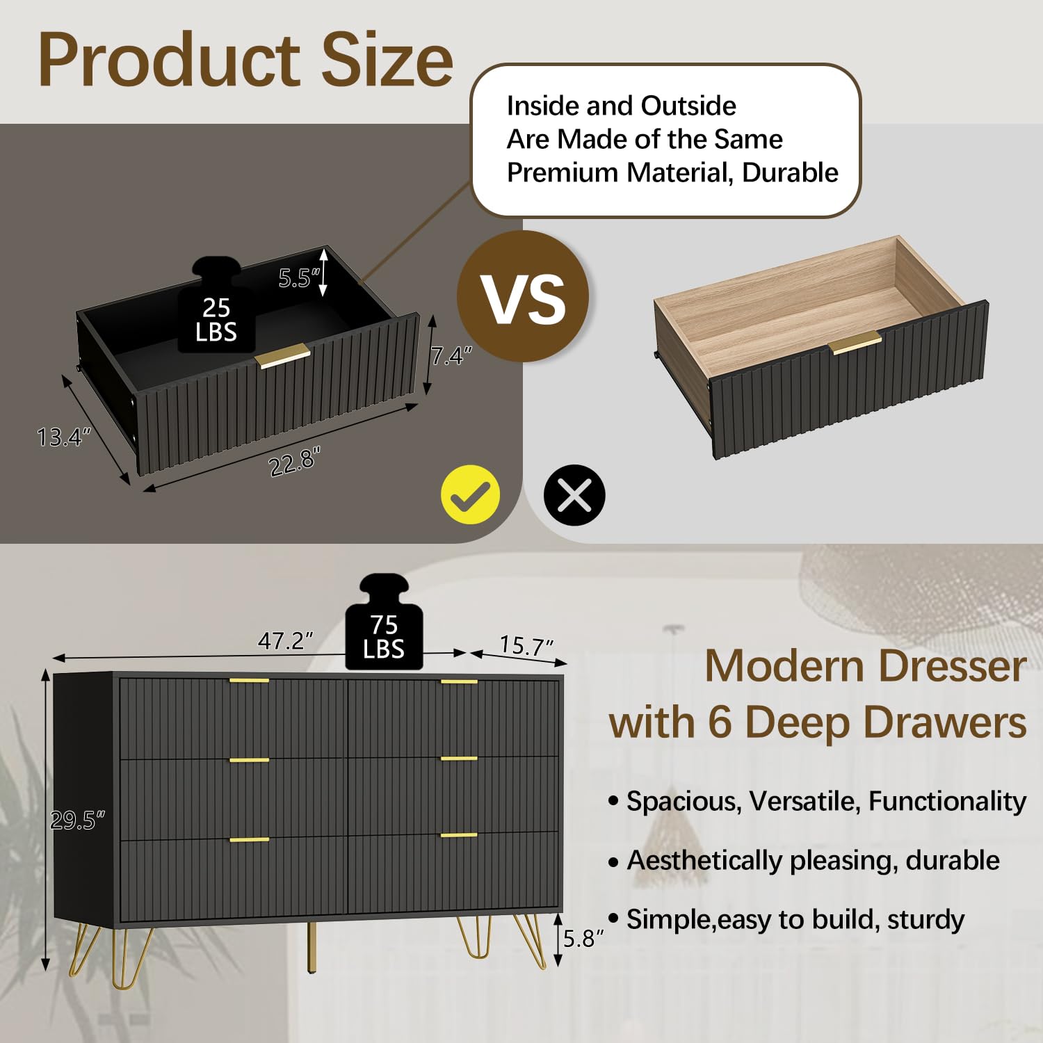 Modern Black Dresser for Bedroom - 6 Drawer Chest with Wide Storage & Gold Handles | Perfect for Organizing Clothes, Accessories & Bedroom Essentials