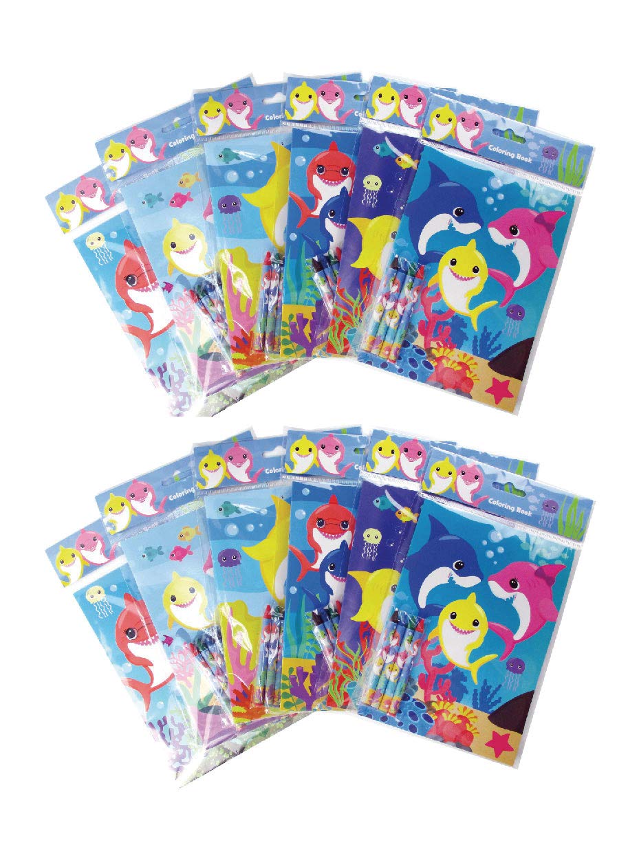 Shark Birthday Party Favors Set of 108 pcs - 12 Treat Bags, 24 Kids Stamps, 12 Sticker Sheets, 12 Coloring Books, 48 Crayons - Perfect for Shark-Themed Birthday Parties, Classroom Rewards & Kids' Goodie Bags