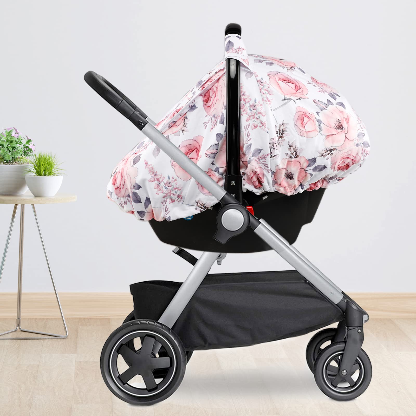 Baby Car Seat Covers - Winter Warm Mink Infant Car Seat Canopy with Pink Floral Design - Cozy & Soft Protection for Girls - Perfect for Strollers, Shopping Trips & Outdoor Adventures