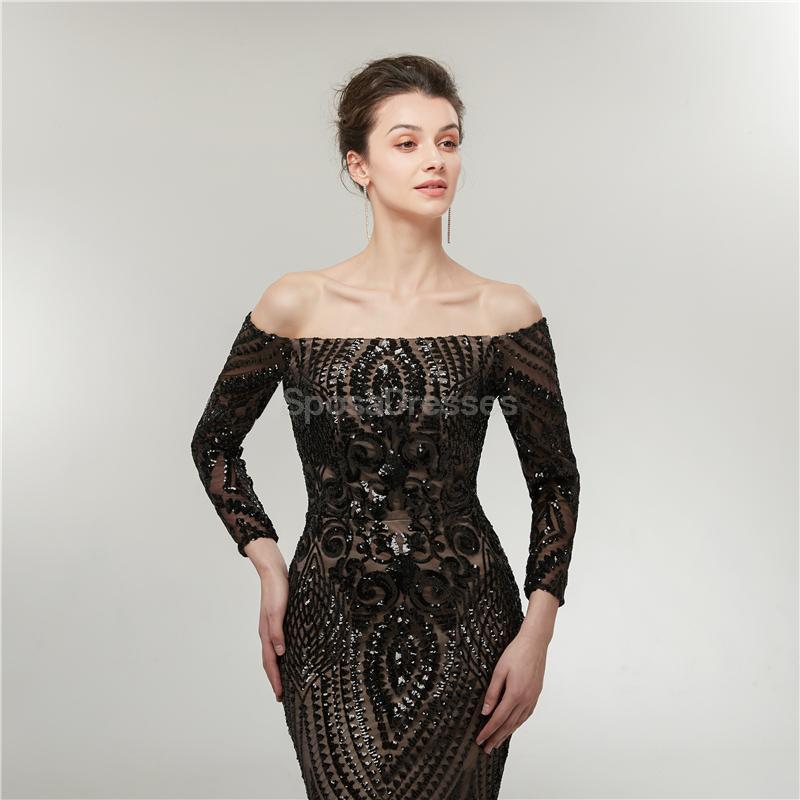 Sparkly Black Off Shoulder Long Sleeve Mermaid Prom Dress - Elegant Evening Party Gown for Formal Events, Homecoming, Pageants & Special Occasions