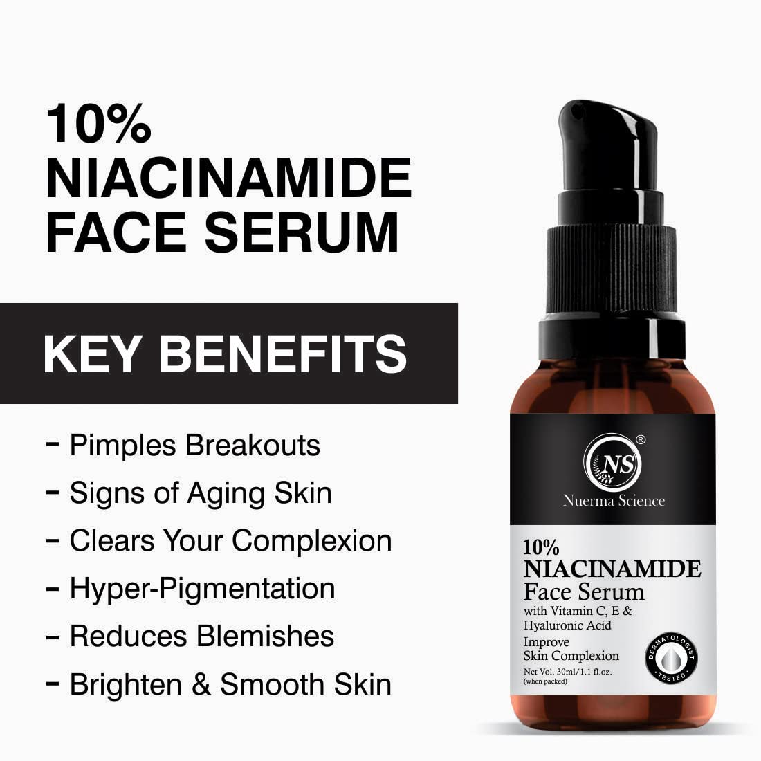 Nuerma Science 10% Niacinamide Face Serum for Acne Marks & Blemish Removal - Oil Balancing Serum with Zinc for Oily & Acne-Prone Skin | Skin Clarifying Anti-Acne Treatment | 30ml | Perfect for Daily Skincare Routine & Post-Acne Recovery
