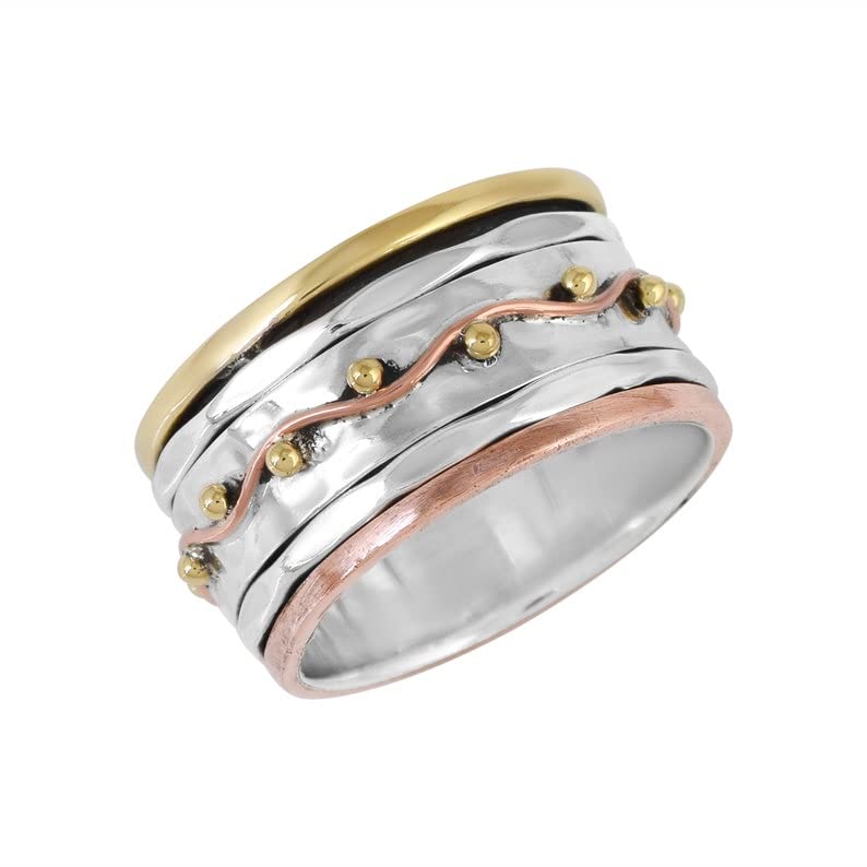 925 Sterling Silver Spinner Ring for Women - Handmade Brass & Copper Fidget Jewelry, Stress Relief Meditation Ring, Valentine's Day Gift for Her - Perfect for Anxiety Relief, Office Focus & Relaxation