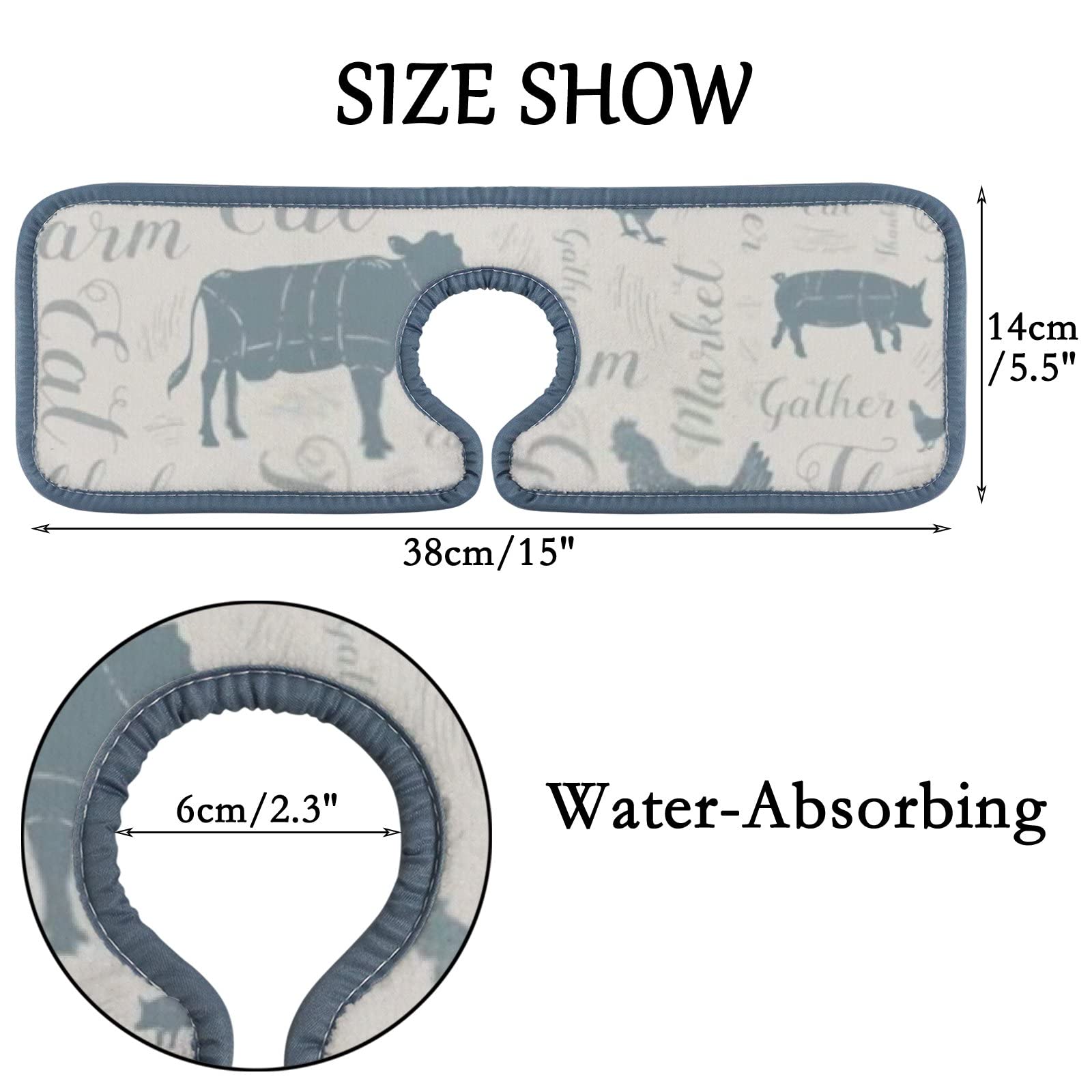 Farmhouse Sink Faucet Splash Guard Mat - 2 Pack Absorbent Countertop Protector for Kitchen & Bathroom, RV - Cow Chicken Pig Design, Water Stain Proof - Perfect for Farmhouse, RV, and Small Space Sinks