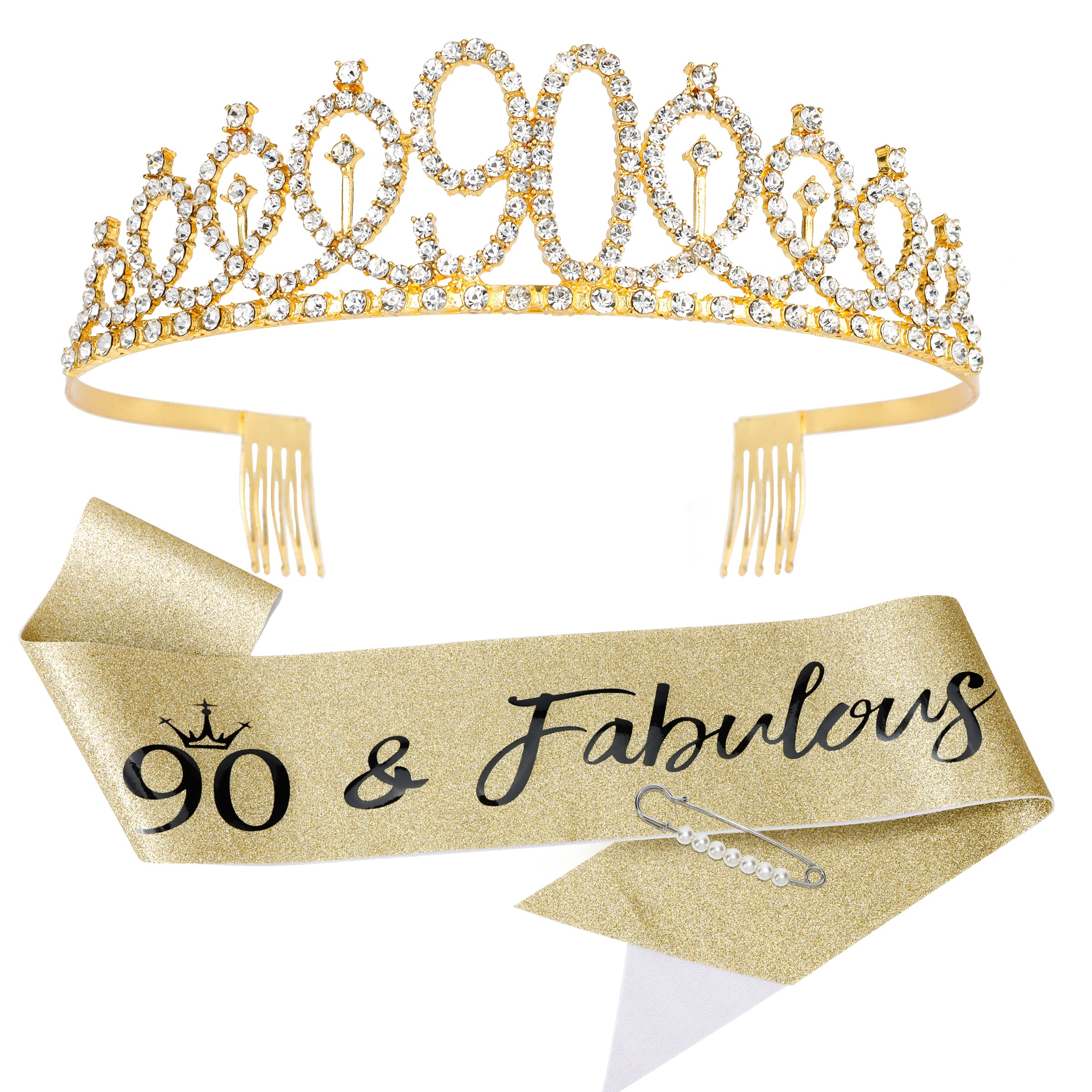 90th Birthday Sash & Gold Tiara Set - Elegant 90th Birthday Gifts for Women - Happy 90th Birthday Party Decorations - Perfect for Milestone Celebrations, Retirement Parties & Golden Anniversary Events