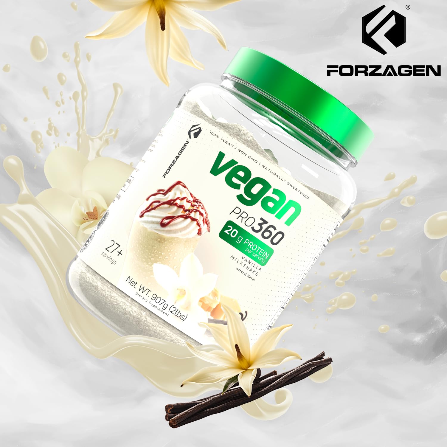 Forzagen Vegan Protein Powder 360 - 2 Lbs (27 Servings) | Plant-Based Protein Blend with Quinoa, Brown Rice & Pea Isolate | Dairy-Free, Soy-Free, Gluten-Free, Non-GMO | Vanilla Milkshake Flavor | Perfect for Post-Workout Recovery & Muscle Building