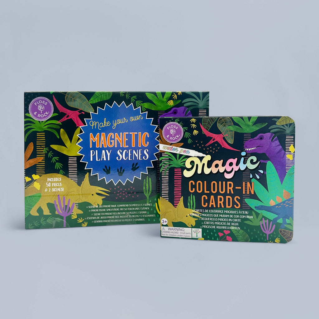 Floss & Rock Magic Color-In Cards & Magnetic Play Scenes - Dinosaur Theme Kids Art Activity | Perfect for Travel, Birthday Gifts & Creative Playtime