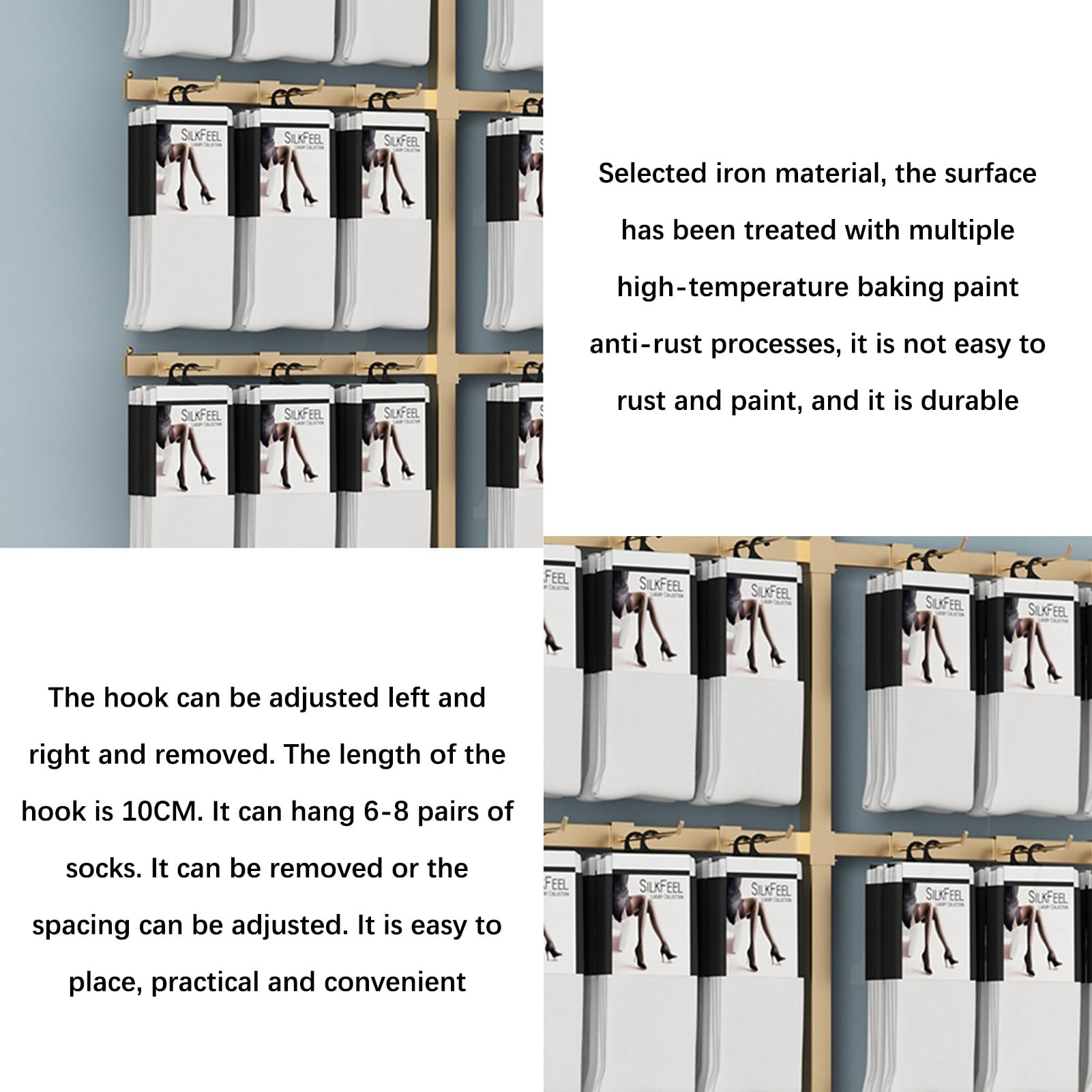 Wall-Mounted Retail Display Rack - Gold Commercial Shelves for Socks, Slippers, Underwear & Phone Accessories | Perfect for Clothing Stores & Boutique Organization | Space-Saving Storage Solution
