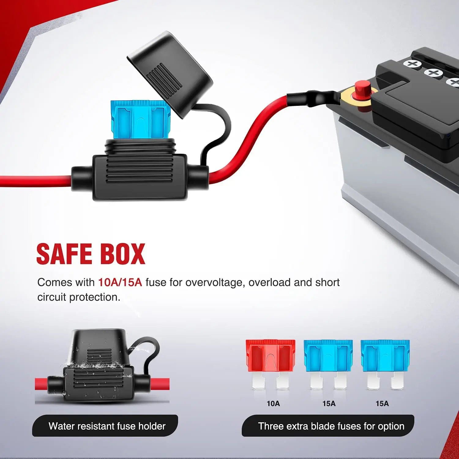 16AWG Wire Harness Kit with 2 Leads, 12V 5-Pin Rear Lights Switch, 3 Fuses & 4 Spade Connectors - Perfect for Automotive, Marine, and DIY Electrical Projects