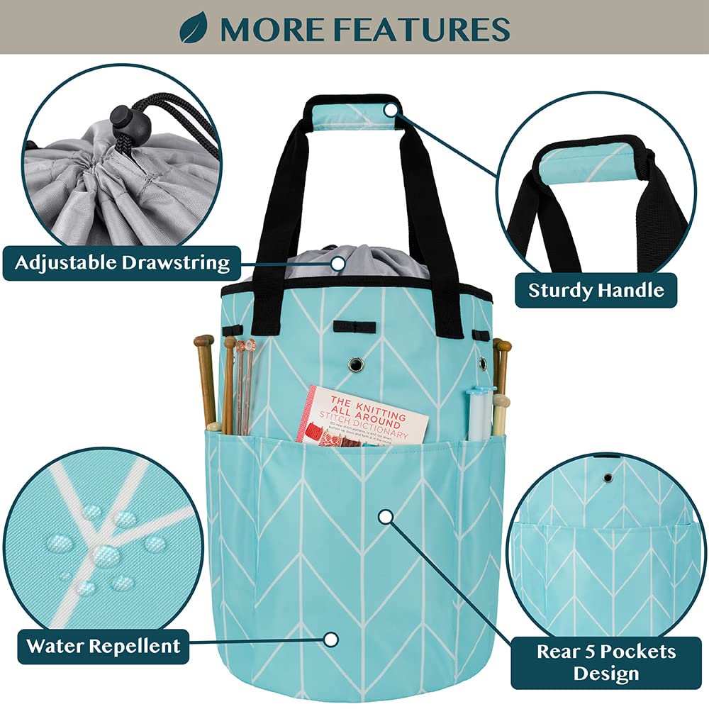 PAVILIA Crochet Yarn Bag Organizer with Grommets - Portable Knitting Storage for Crafters On The Go - Chevron Teal - Perfect Gift for Knitters & Crochet Lovers