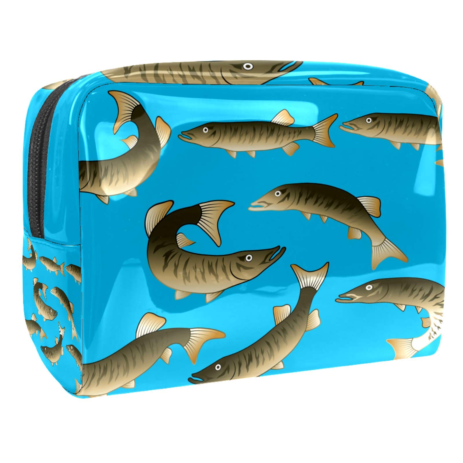 Portable Travel Makeup Bag for Women - Waterproof Cosmetic Pouch with Zipper, Handy Storage Toiletry Organizer (Blue Fish Pattern) - Perfect for Travel, Gym, and Daily Beauty Essentials