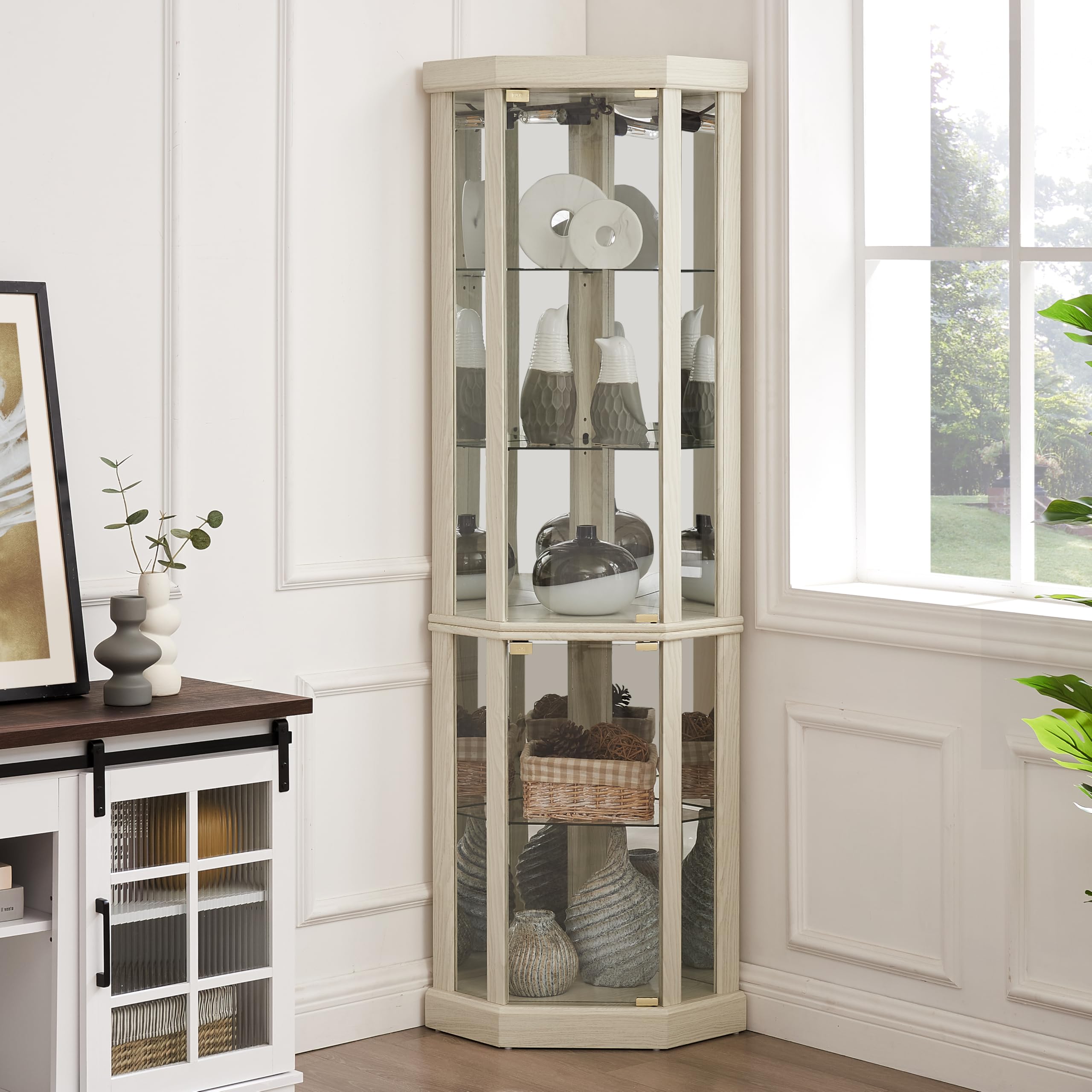 Corner Lighted Curio Cabinet - Glass Display Case with LED Lighting for Living Room, Antique Collections, Wine & Bar Glass Storage - Elegant Antique White Finish | Perfect for Home Decor, Showcasing Collectibles & Entertaining Guests