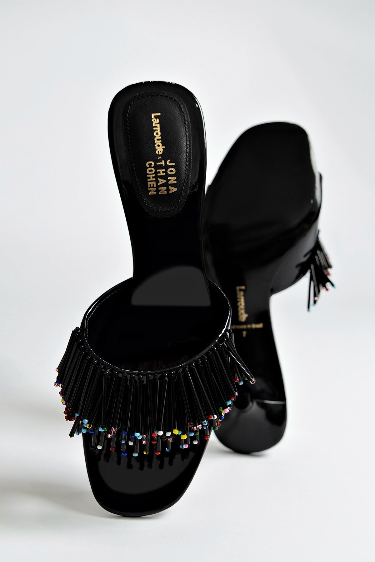 Larroudé x Jonathan Cohen Black Patent Leather Fringe Greta Mule - Stylish Women's Shoes for Parties & Evening Events