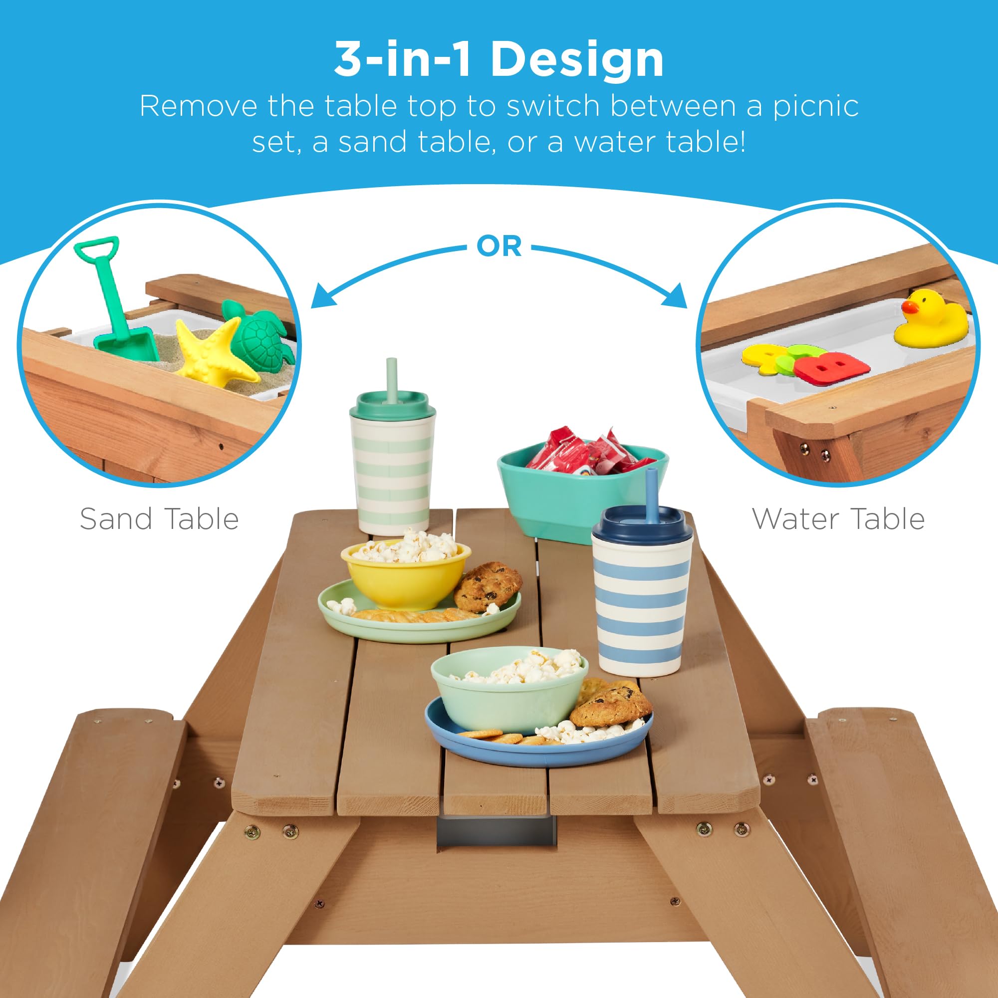 Best Choice Products Kids 3-in-1 Sand & Water Table with Umbrella - Convertible Wooden Outdoor Picnic Table with 2 Trays & Removable Top, 220lb Weight Capacity - Natural/Dark Pink - Perfect for Backyard Play, Beach Fun & Outdoor Parties