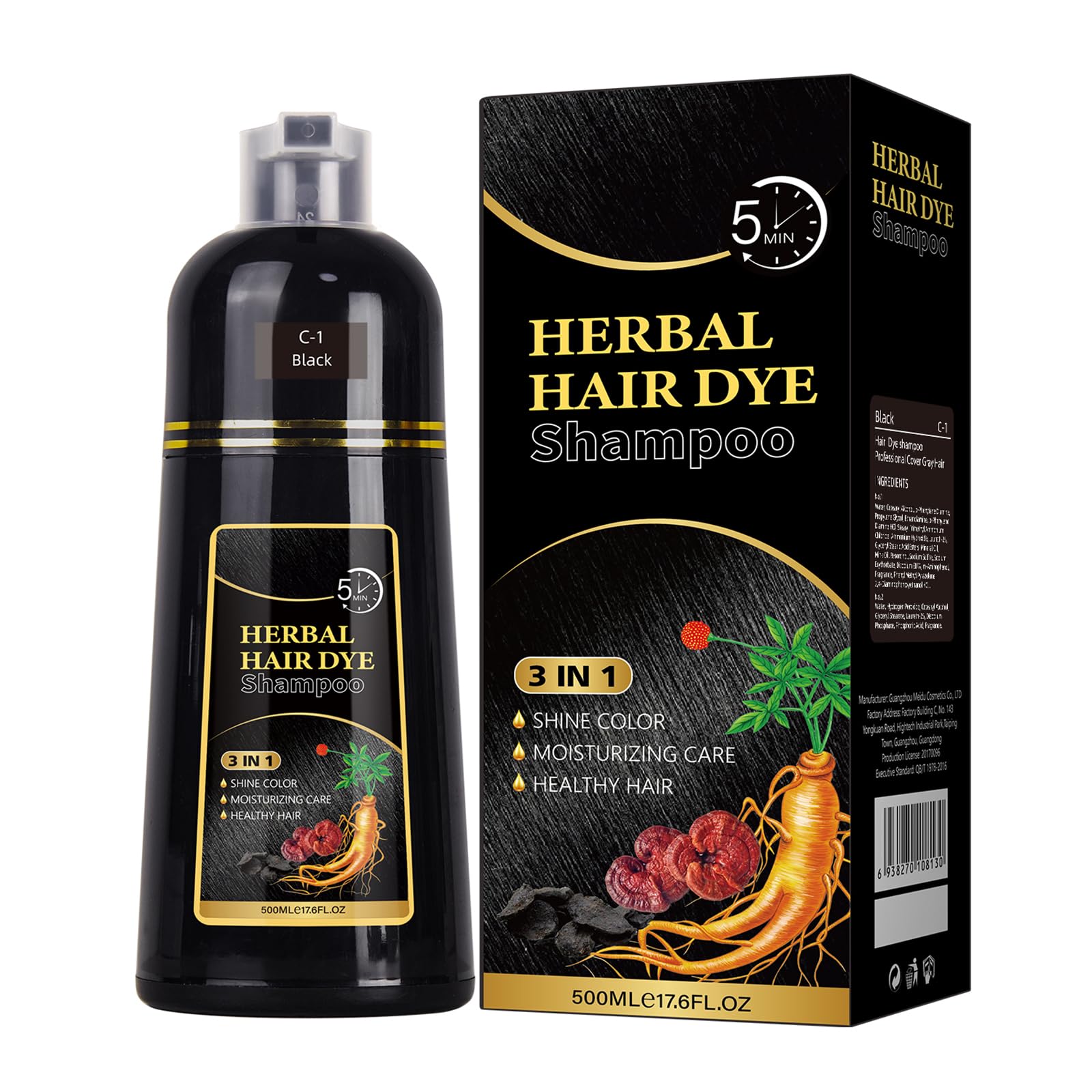 3-in-1 Black Hair Dye Shampoo for Gray Hair Coverage - Natural Herbal Formula for Women & Men - Long Lasting Color in Minutes (Black) | Perfect for Home Use, Salon-Quality Results & Quick Touch-Ups