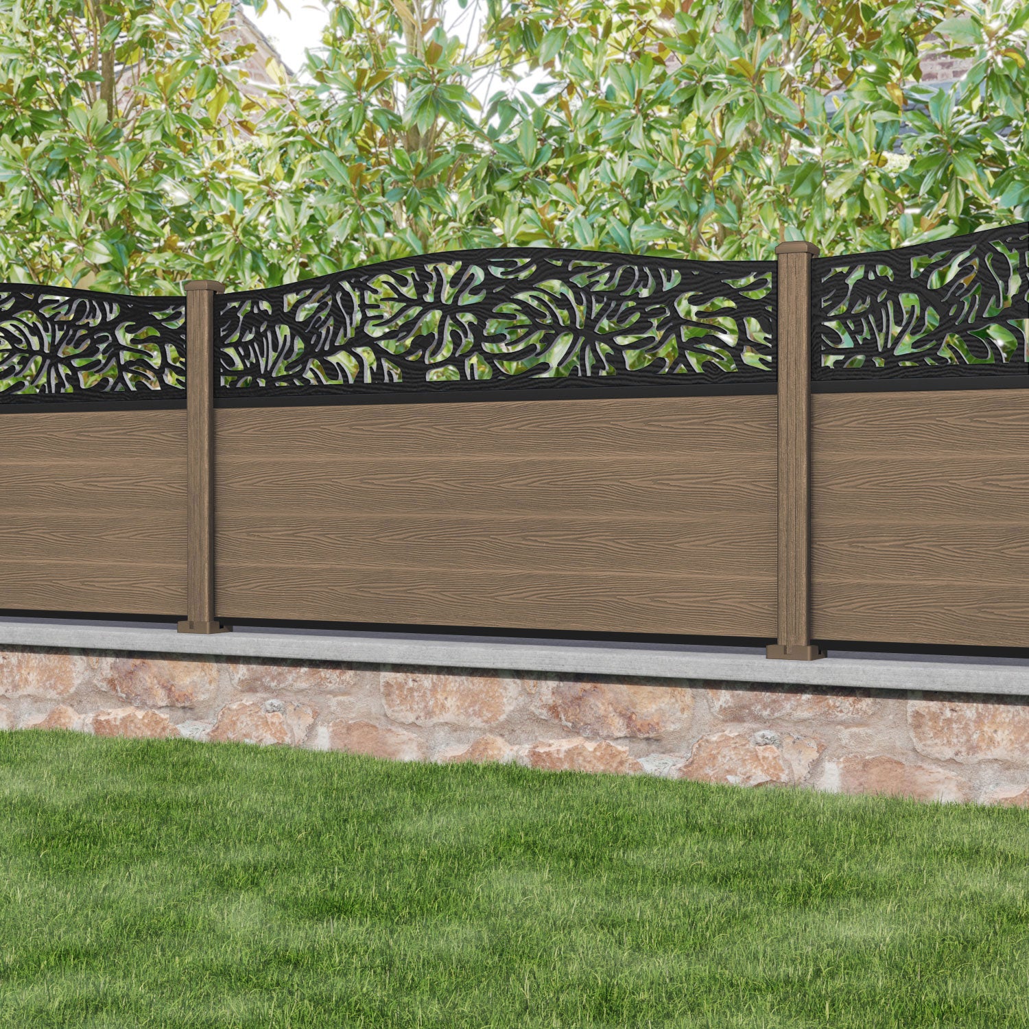 Classic Teak Botanic Curved Top Fence Panel with Composite Posts - Perfect for Garden Landscaping and Backyard Privacy