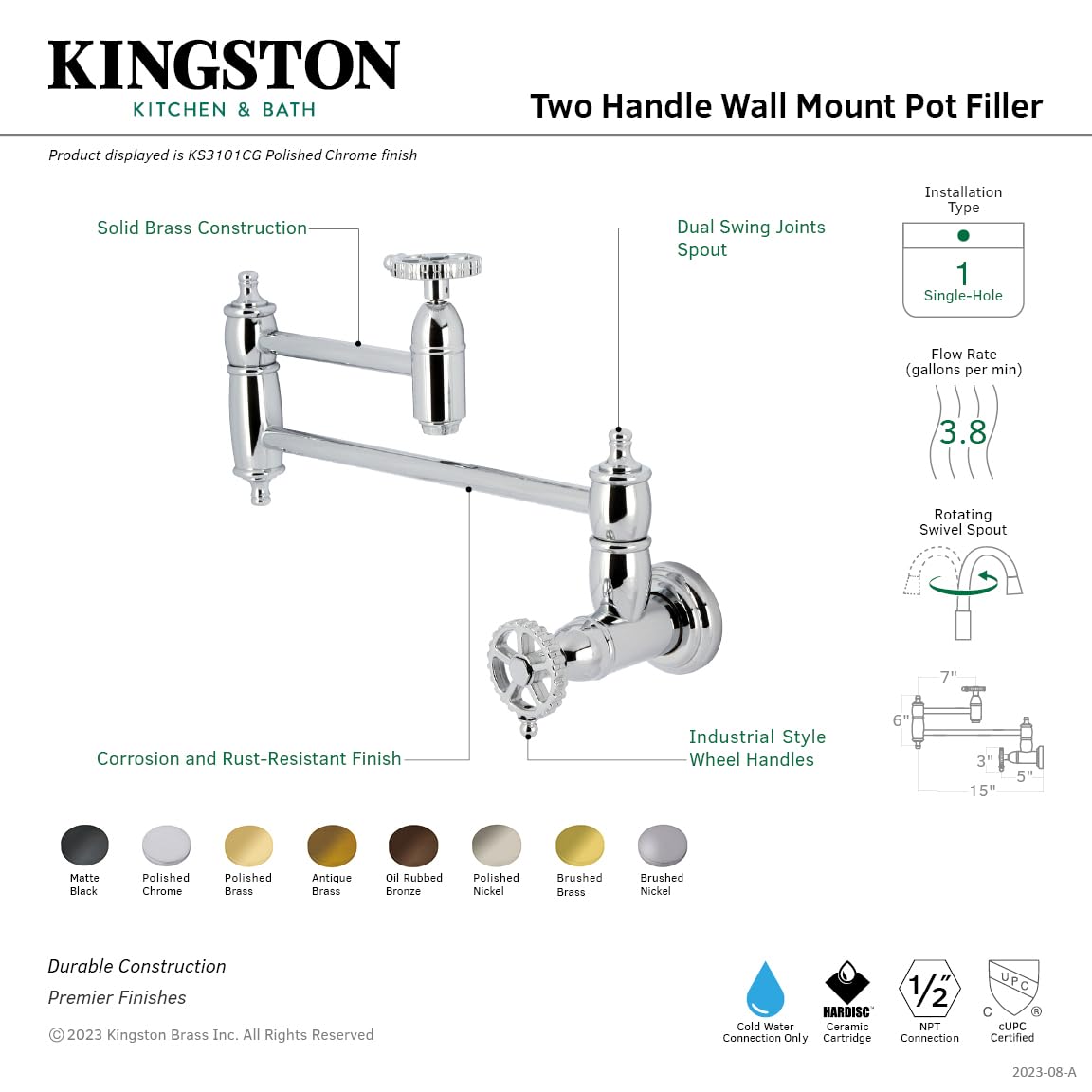 Kingston Brass KS3100CG Matte Black Wall Mount Pot Filler Faucet - High Arc Kitchen Sink Faucet for Easy Pot Filling & Cooking