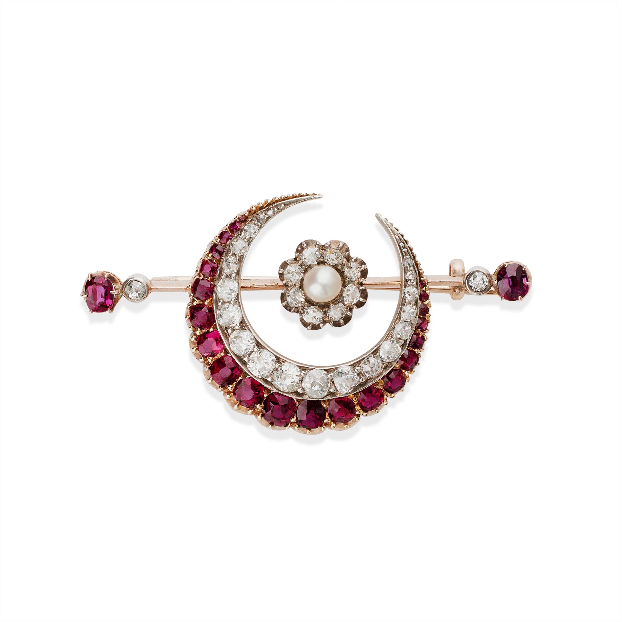 Antique Ruby Diamond Pearl Crescent Brooch - Vintage Jewelry for Women | Elegant Pin for Dresses, Coats & Special Occasions