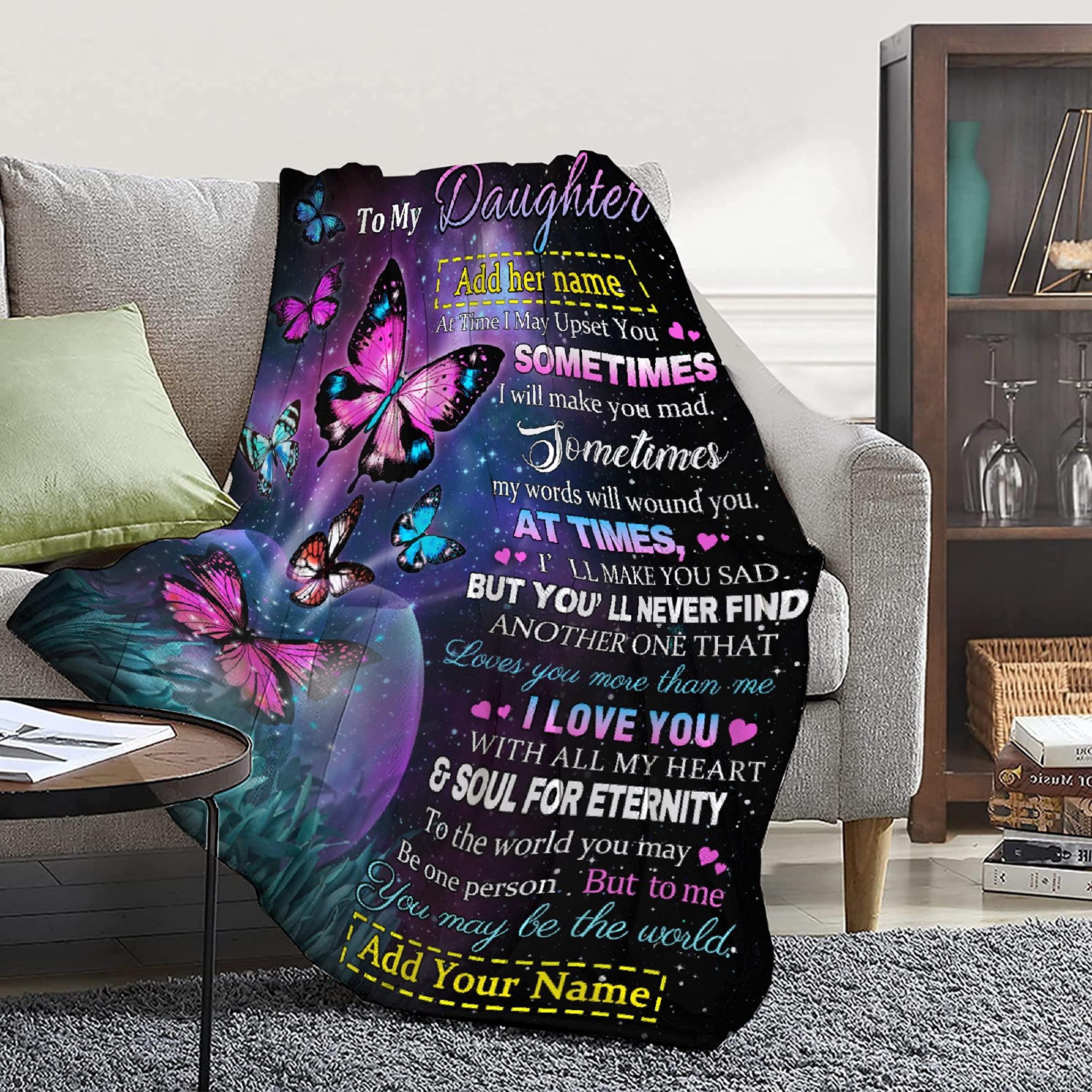 Personalized Name Blanket for Daughter - Custom Gift from Mom & Dad | Super Soft Flannel Throw Blanket for Girls & Women | 120