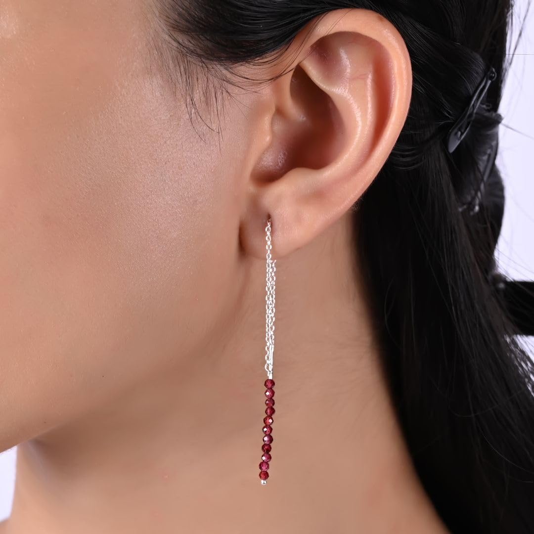 Real Pink Opal Threader Earrings for Women - Adjustable Dangle Drop Earrings, Sterling Silver Jewelry, October Birthstone Gift | Second Ear Piercing, Everyday Wear & Special Occasions