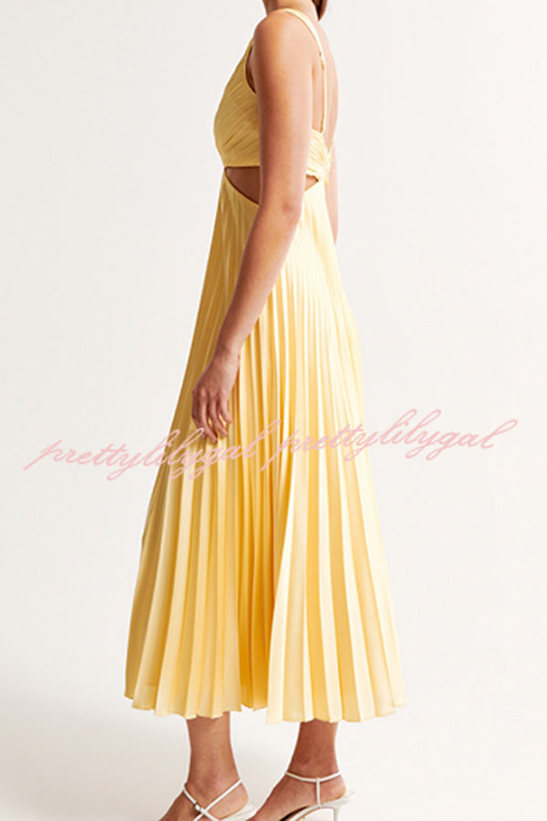 Elegant Summer Floral Print Pleated Cutout Waist Loose Midi Dress for Women - Perfect for Beach Vacations, Garden Parties & Casual Outings