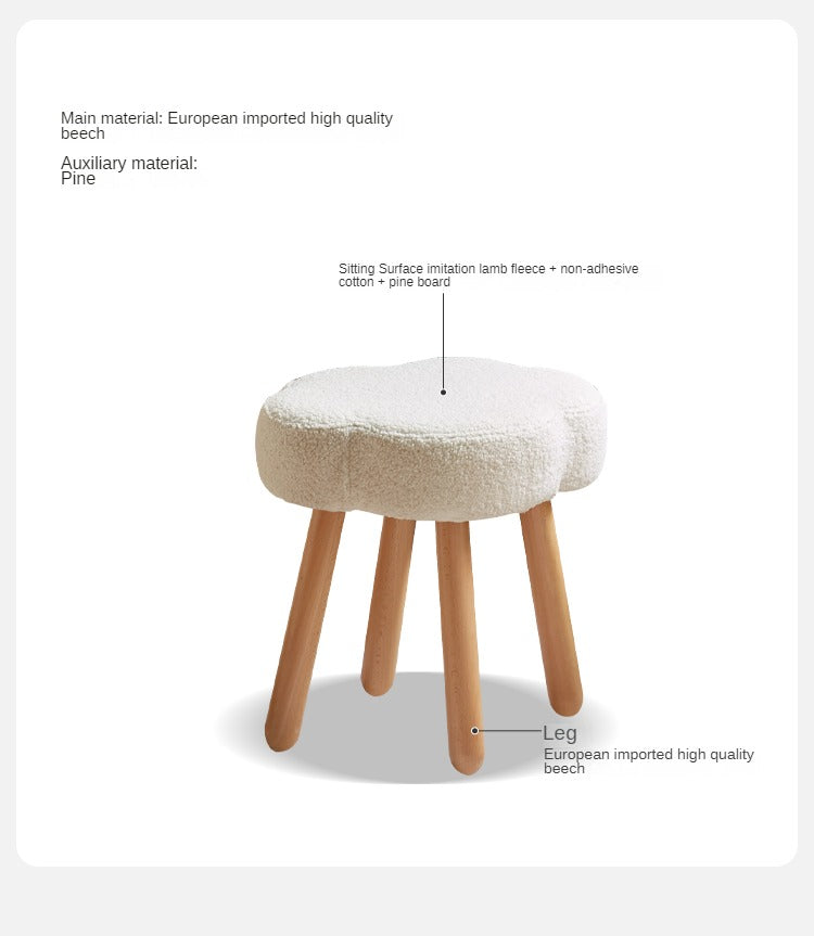 Solid Wood Makeup Stool - Beech & Birch with Lamb Velvet Upholstery | Cloud-Shaped Seat for Vanity, Dressing Room & Bedroom Decor