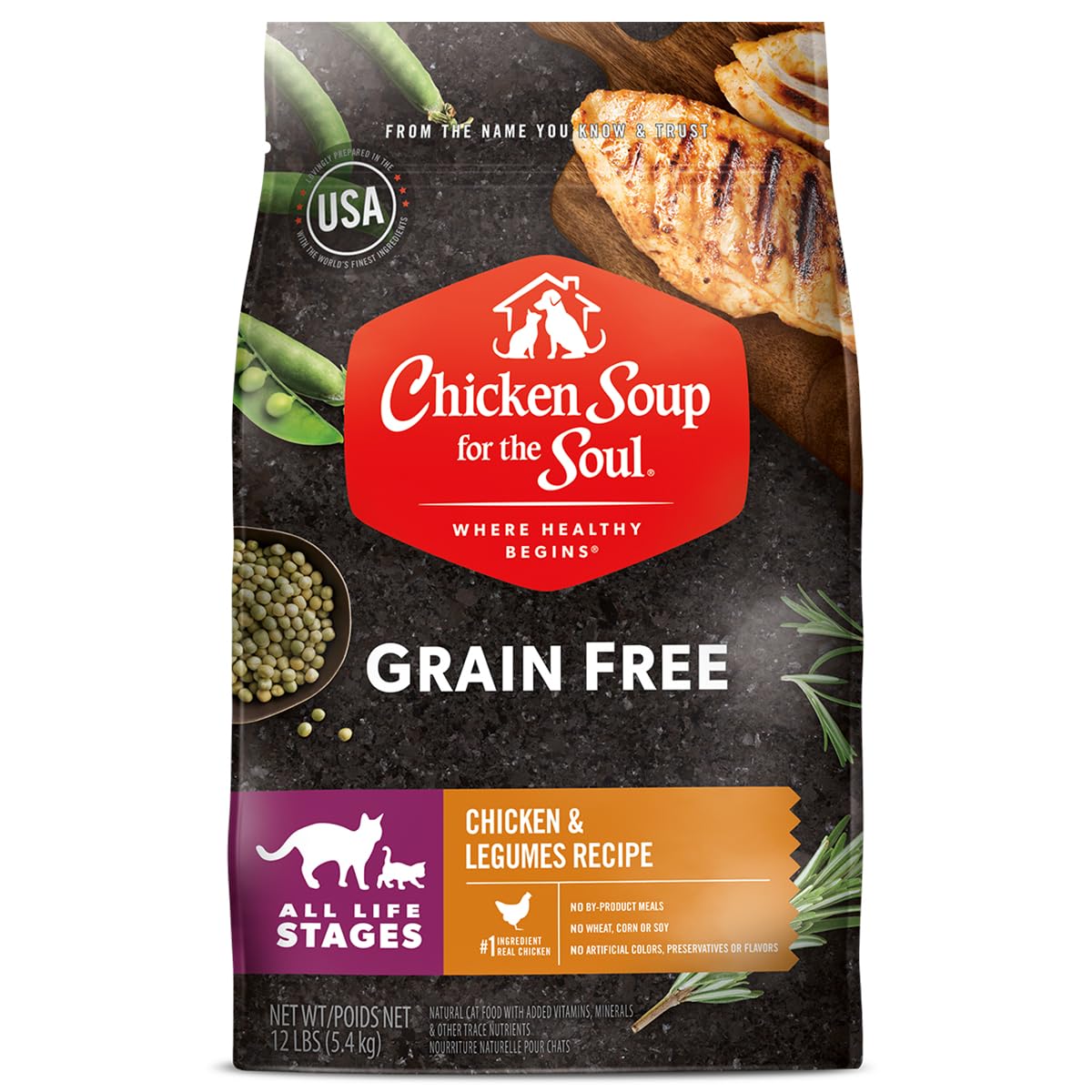 Chicken Soup for the Soul Grain Free Dry Cat Food - Chicken & Legumes Recipe, 12lb Bag | Soy, Corn & Wheat Free, No Artificial Flavors or Preservatives | Healthy Adult Cat Food for Indoor & Outdoor Cats