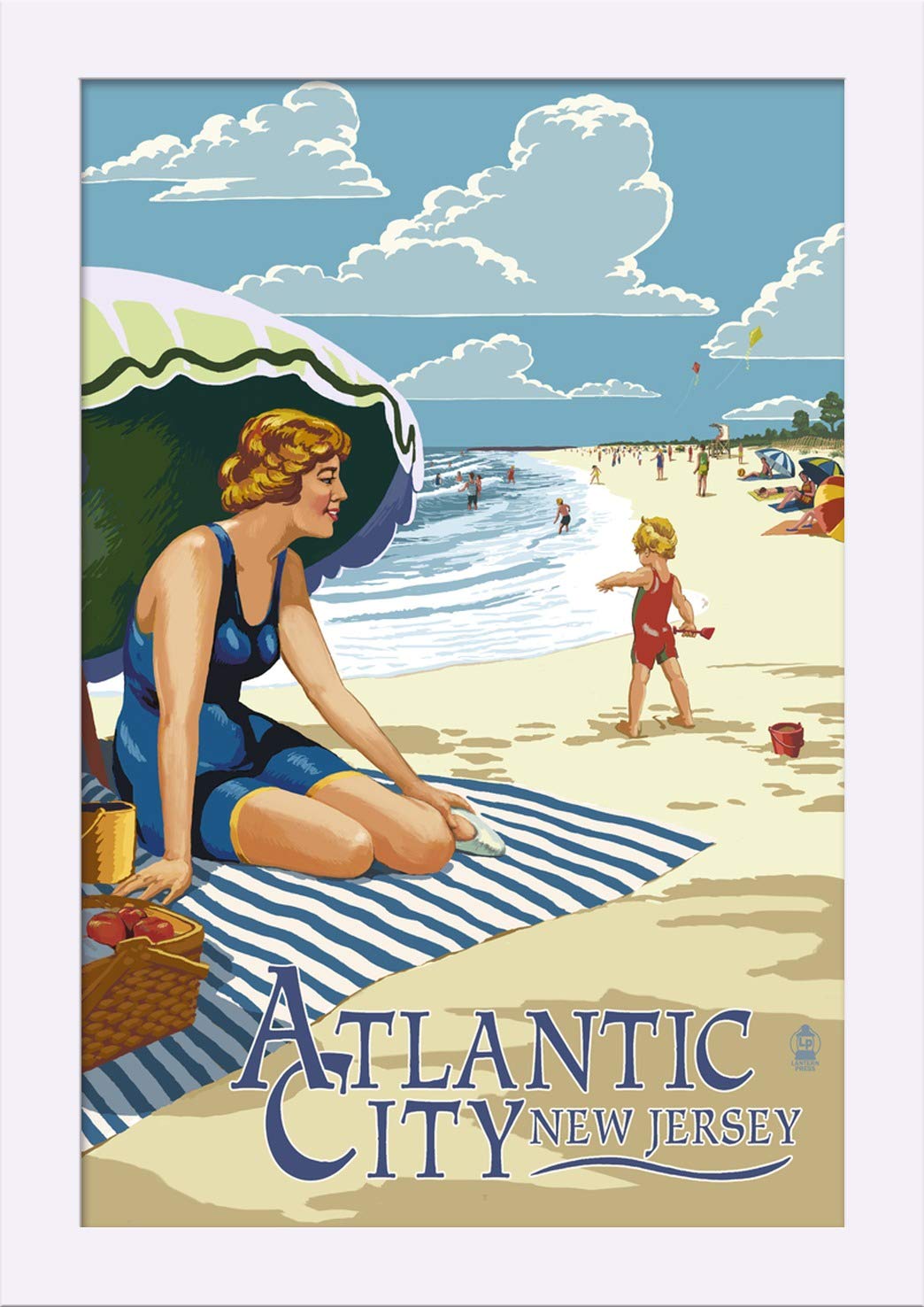 12x18 Atlantic City New Jersey Woman on Beach Giclee Fine Art Print - Recycled Wood Frame in White - Perfect for Living Room, Bedroom & Office Decor