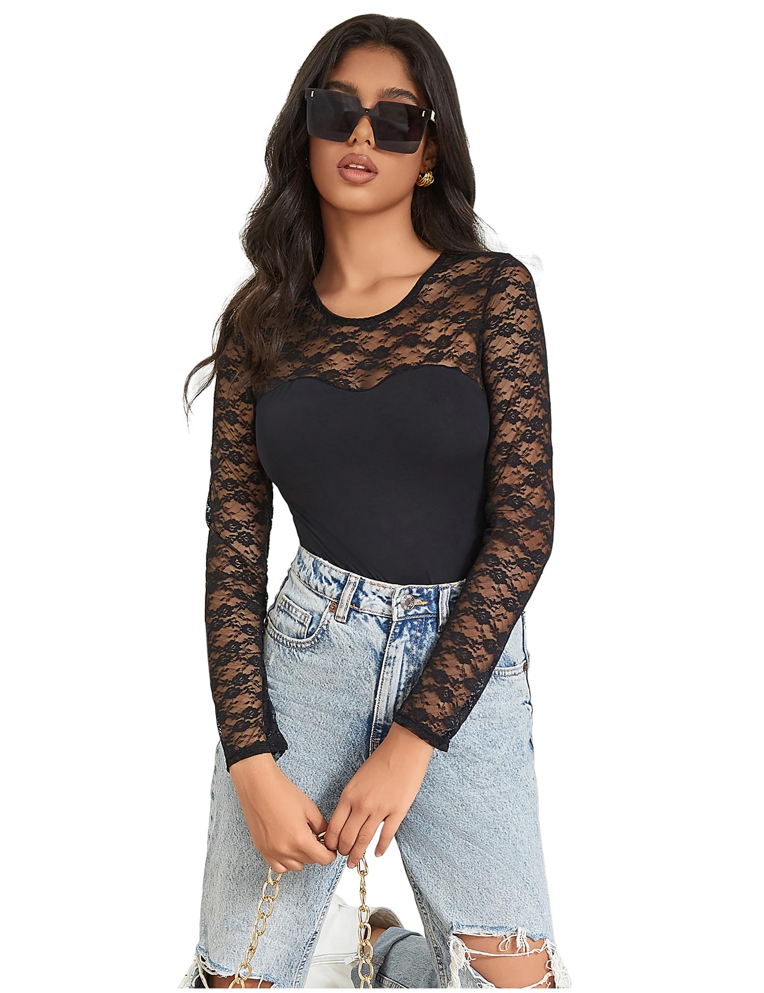 Oh My Dear Women's Long Sleeve Lace Mesh Bodysuit - Stretchy Sheer Leotard Tops for Plus Size, Sexy Club Outfits & Date Night Looks