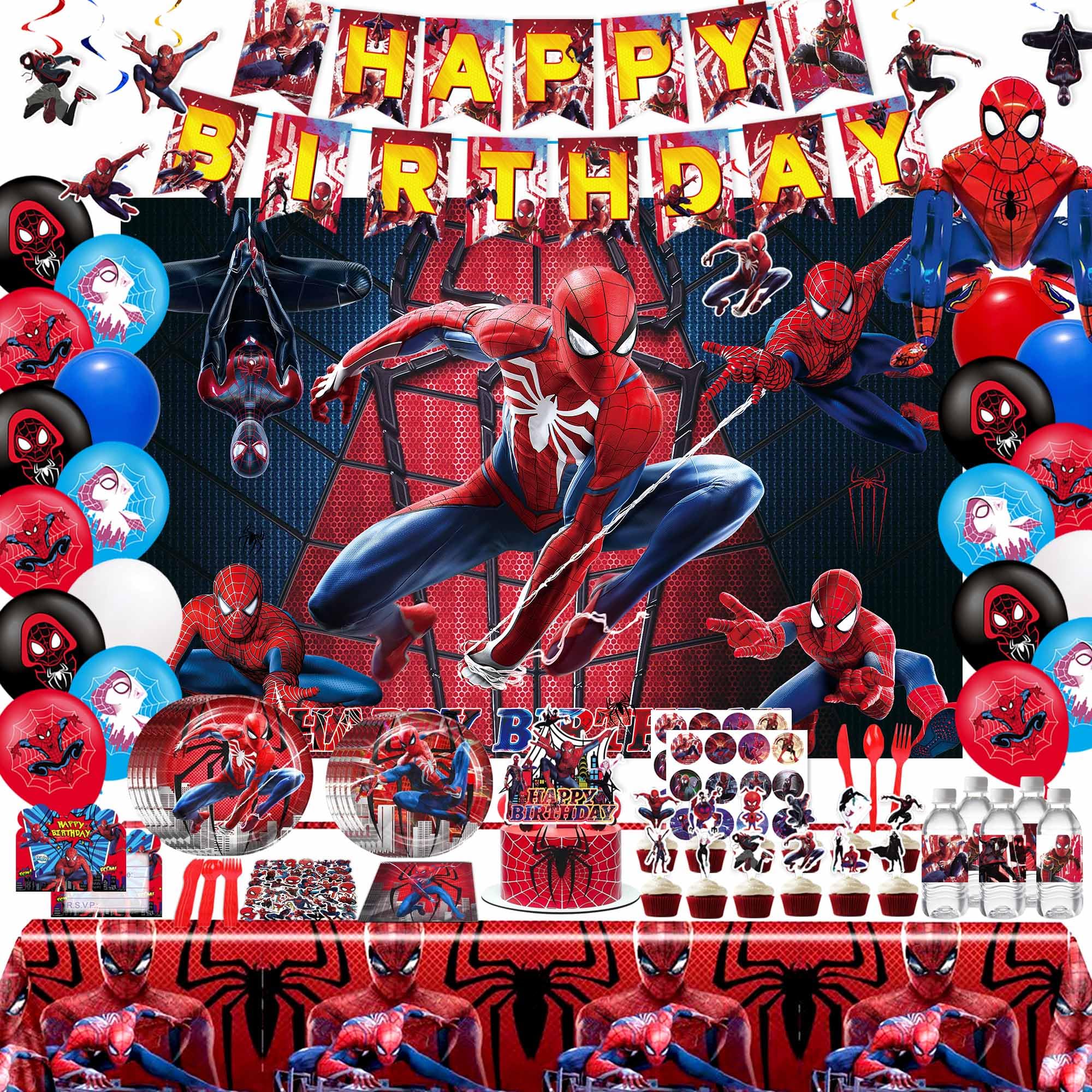 Spider-Man Birthday Party Decorations Kit - Superhero Theme Party Supplies with Banner, Backdrop, Tableware, Cupcake Toppers, Balloons & Invitations - Perfect for Kids' Birthday Celebrations, Superhero Themed Events & Spider-Man Fan Parties