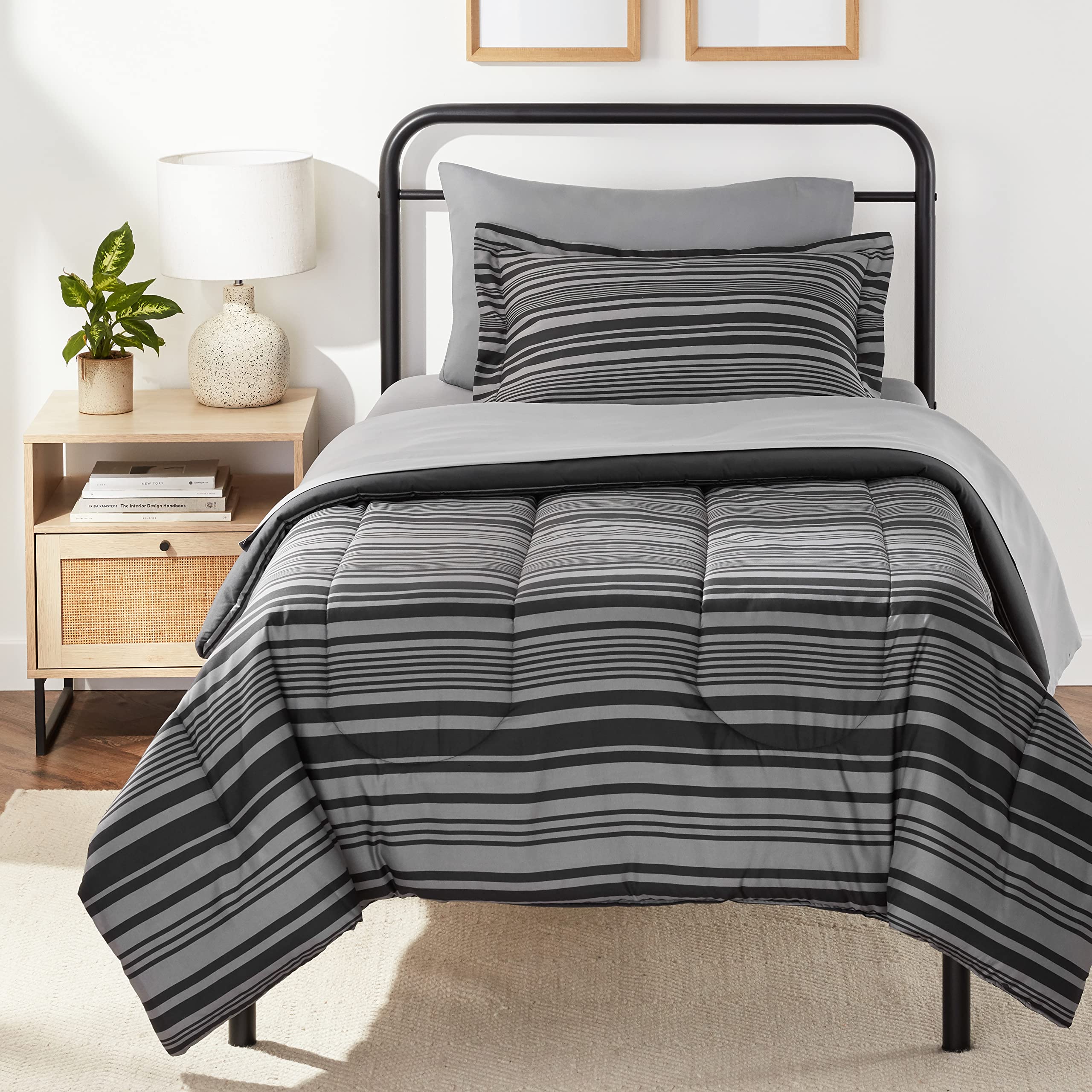 Amazon Basics Lightweight Microfiber 5-Piece Bed-in-a-Bag Comforter Set - Twin/Twin XL Size, Soft Gray Calvin Stripe Design - Perfect for Dorms, Guest Rooms & Cozy Bedroom Decor