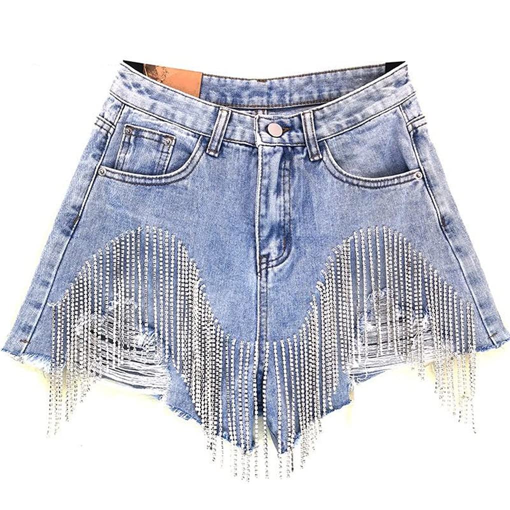 Women's High Waist Summer Denim Shorts with Diamond Tassel Details - Trendy Distressed Jeans for Casual Outfits, Beach Vacations & Music Festivals