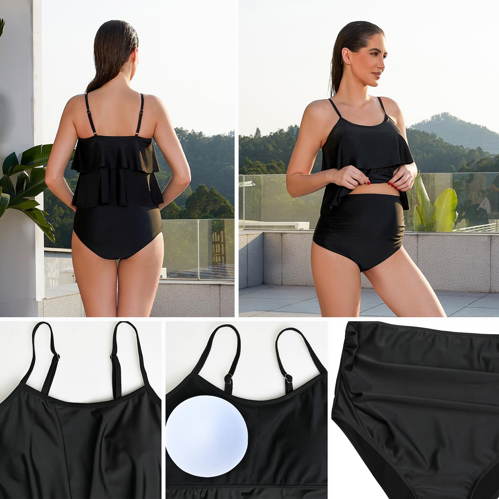 GINKANA Women's Maternity Tankini Swimwear 2 Piece Set - Double Ruffle Hem Pregnancy Bathing Suit for Beach, Pool & Vacation | Comfortable Maternity Swimsuits for Expecting Moms