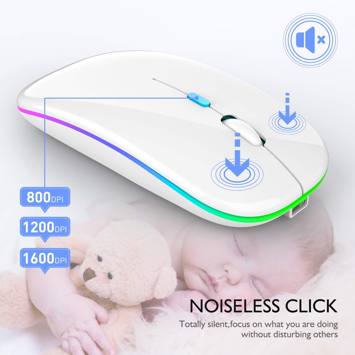 Wireless Bluetooth Mouse for iPad, MacBook Air, MacBook Pro, iMac, Mac Mini, Chromebook & PC - Rechargeable Ergonomic Mouse (White) - Perfect for Office, Home & Travel Use