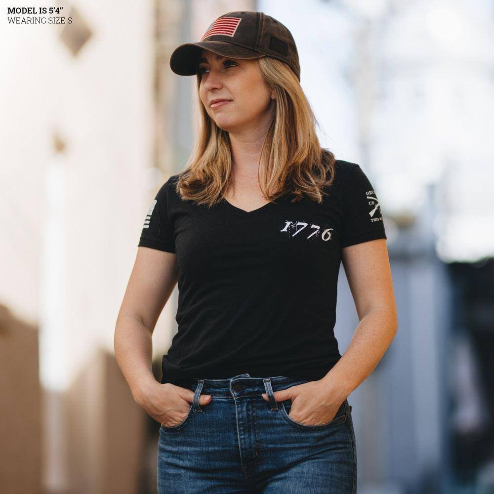 Patriotic Women's 1776 American Flag V-Neck T-Shirt - Black | Casual Wear, 4th of July Outfits, Independence Day Celebration