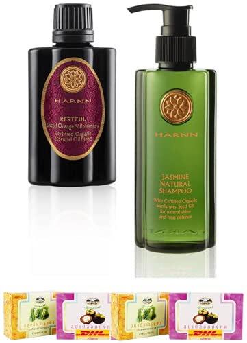 Harnn Restful Sweet Organic Rosemary & Jasmine Natural Shampoo Set A29 - Certified Organic Hair Care for Dry/Damaged Hair - Free Tomato Facial Mask Gift - Fast DHL Express Shipping - Perfect for Spa Days & Relaxing Bath Routines