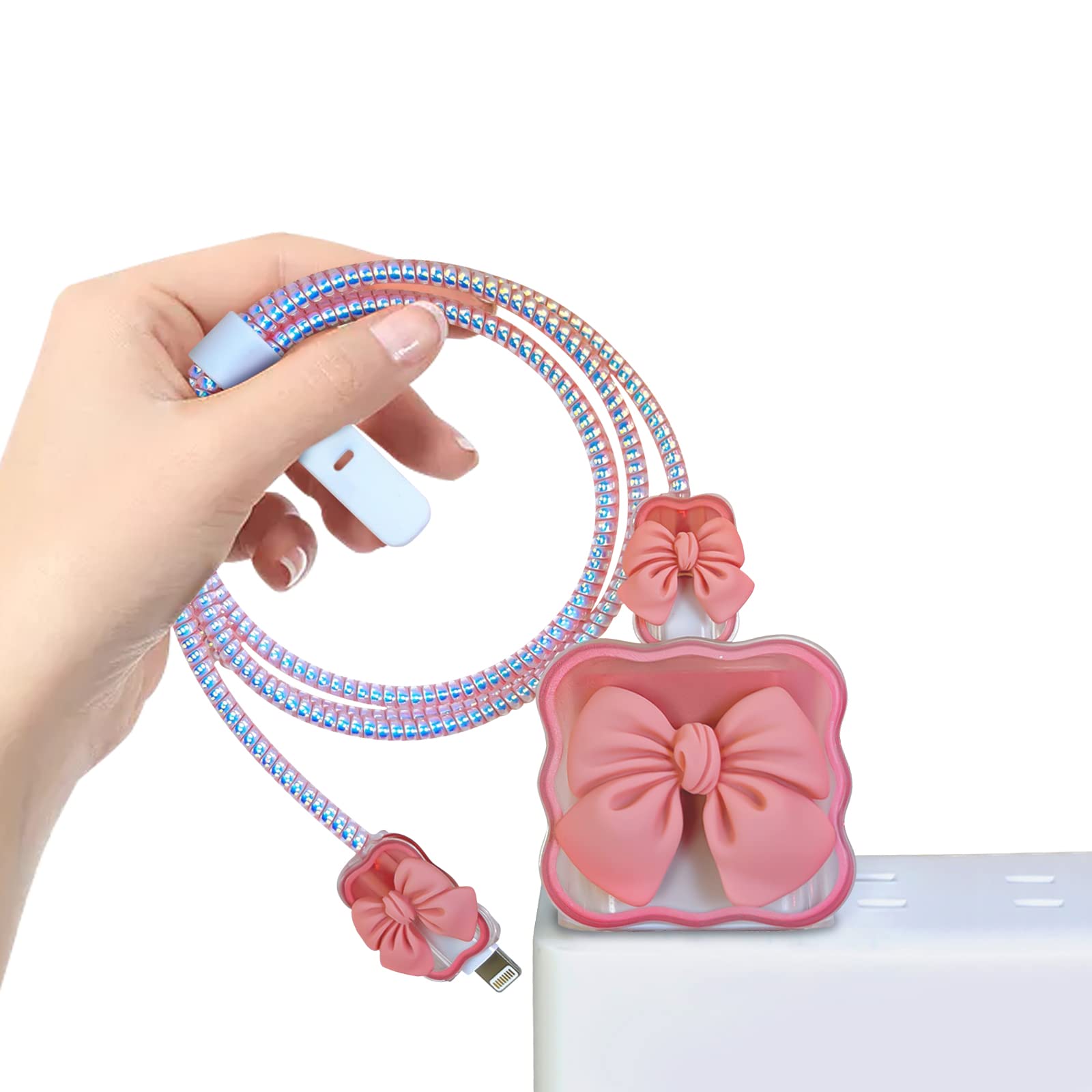 3D Bow Tie Wave Design Cute Pink iPhone Charger Cable Protector - Soft Clear Cable Saver Case for 18W/20W iPhone Chargers | Perfect for Home, Office & Travel Accessories