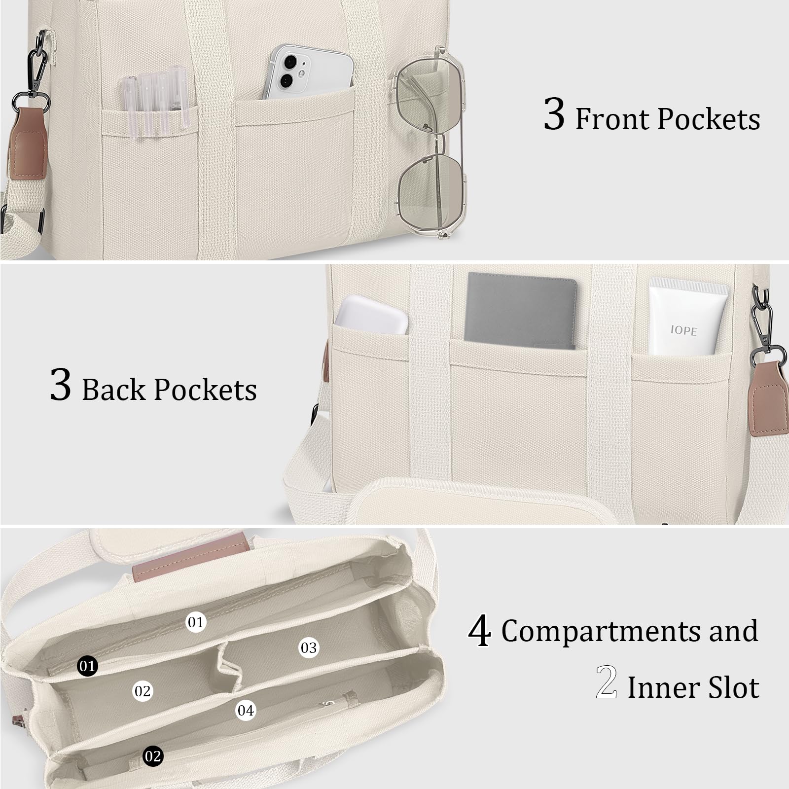 Stylish Canvas Tote Bag for Women with Multiple Pockets & Compartments - Durable Crossbody Shoulder Handbag for Work, Travel & Shopping | Perfect Everyday Carryall Organizer