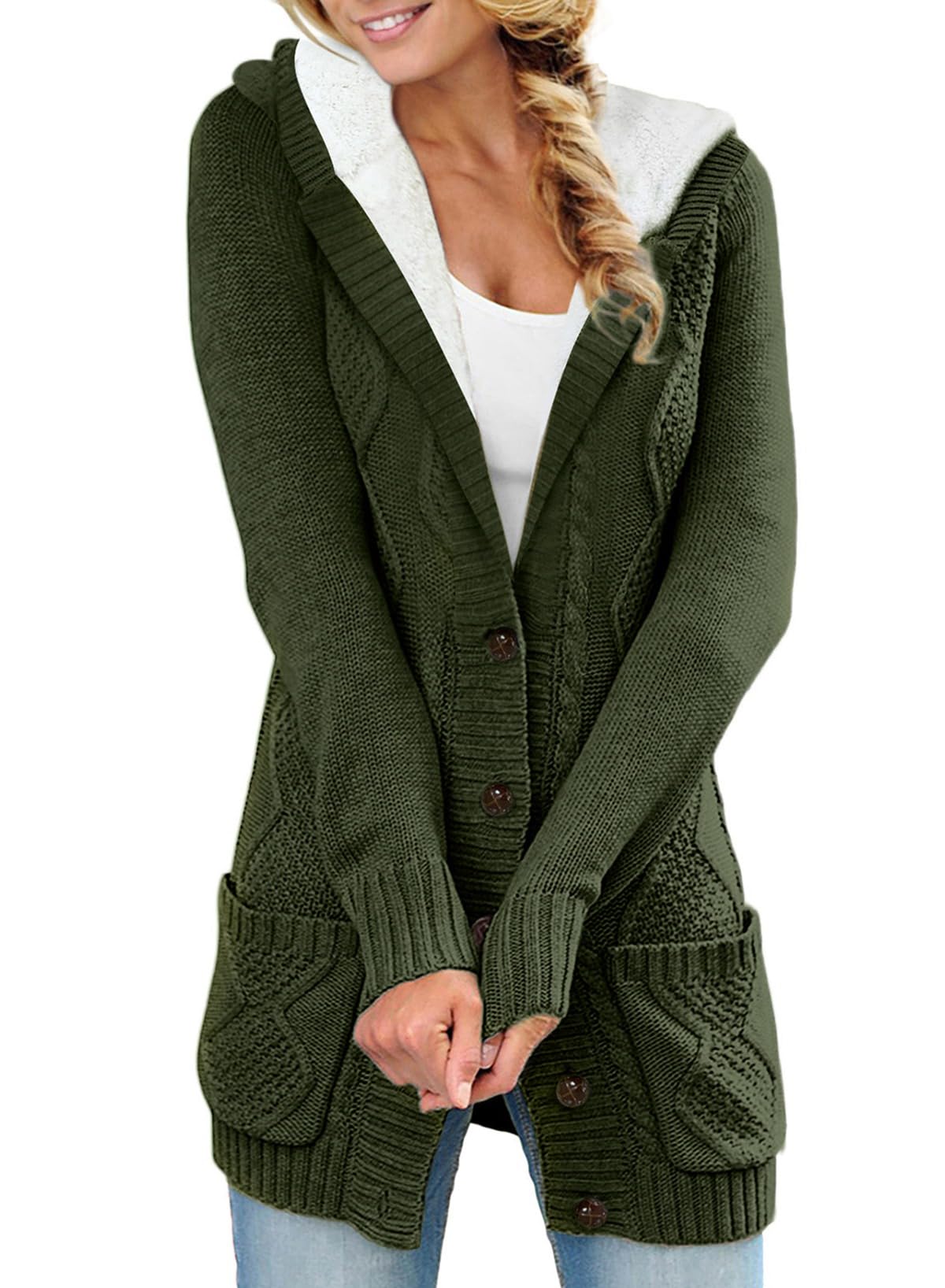 Sidefeel Women's Fleece-Lined Hooded Cardigan Sweater - Winter Button Down Jacket with Pockets | Cozy Outerwear for Casual Wear & Cold Weather
