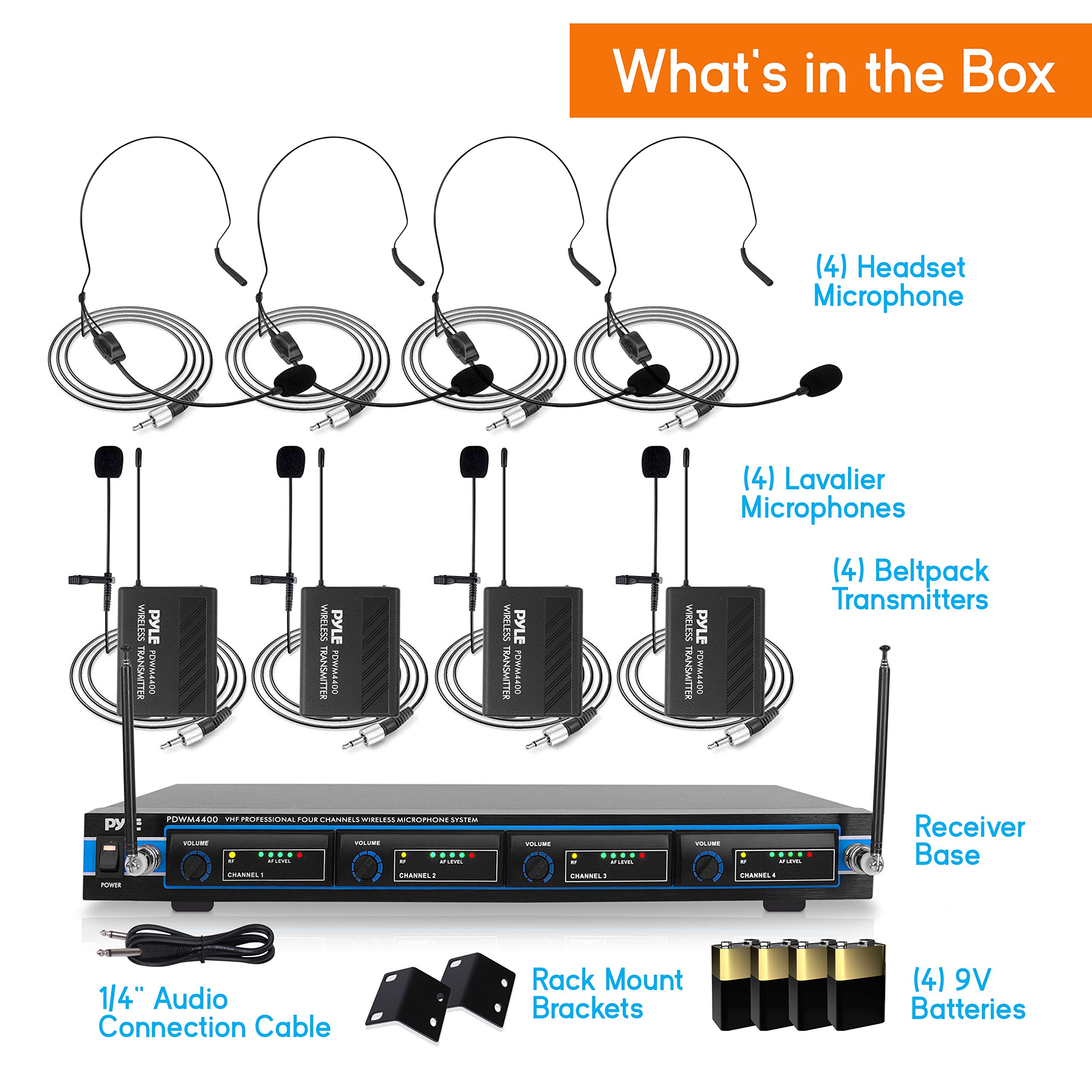 Professional 4 Channel VHF Wireless Microphone System with 4 Headset & 4 Lavalier Mics - PDWM4400 for Karaoke, DJ, PA, Church & Live Performances | Includes 4 Transmitters, Receiver & XLR/1/4