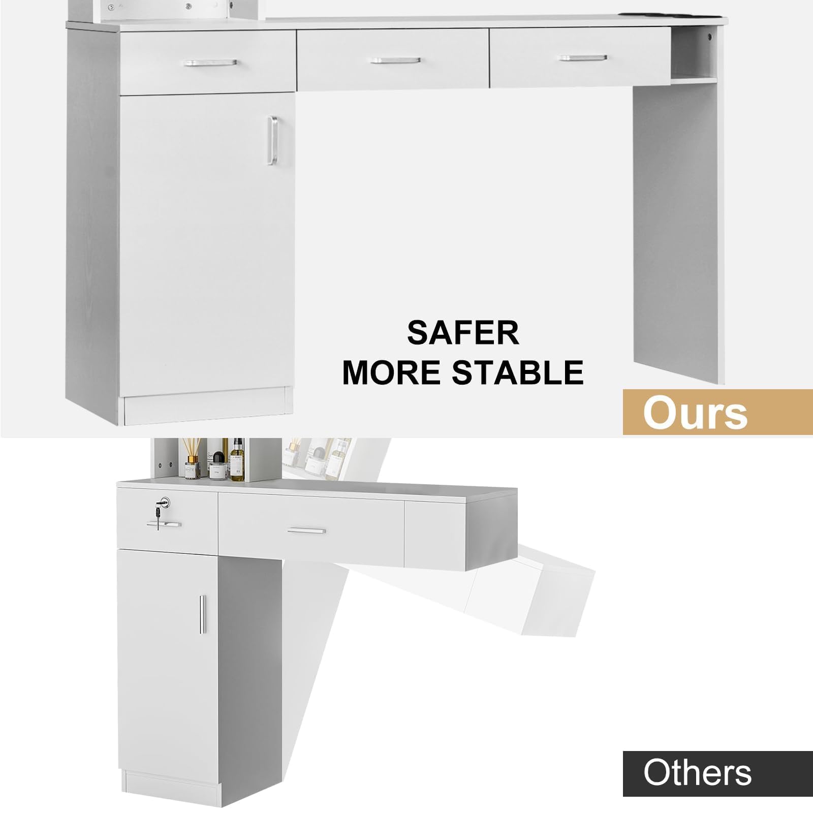 Professional Barber Station for Hair Stylists - Salon Wall Mount Cabinet with Hair Dryer Holder & Storage Drawers - White - Perfect for Home Salons, Barber Shops & Beauty Studios