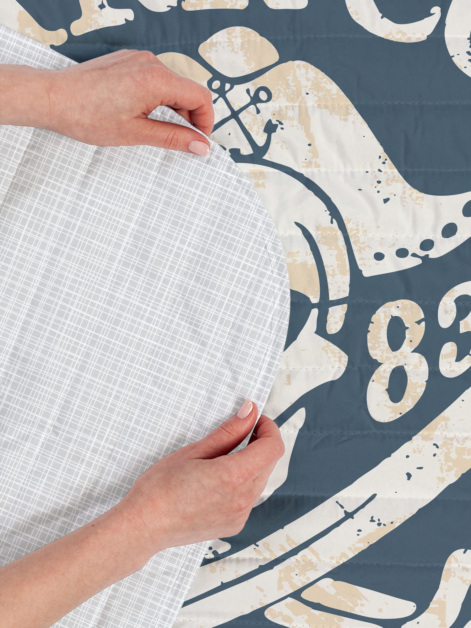 Ambesonne Pirate Reversible Bedspread Set - Shark Cove Tortuga Island Caribbean Waters Retro Jolly Roger Design | Microfiber Comforter & Pillow Shams | Queen Size Bedding in Pale Mustard & Slate Blue | Perfect for Nautical Themed Bedrooms, Pirate Lovers & Coastal Decor