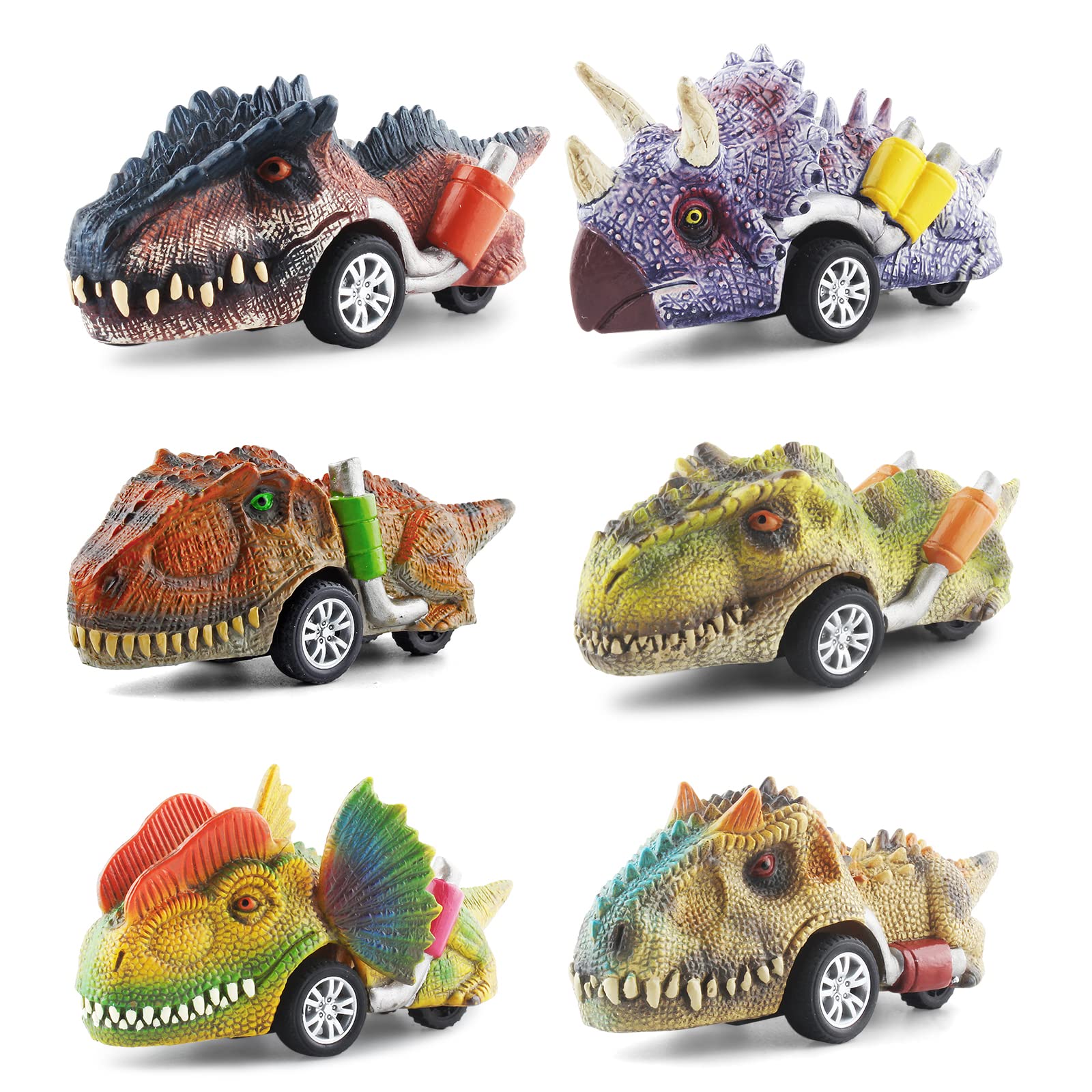 DINOBROS Pull Back Dinosaur Toy Cars - 6 Pack Dino Toys for Kids Ages 3-7 | Fun Educational Gifts for Boys & Girls | Perfect for Birthday Presents, Playtime & STEM Learning
