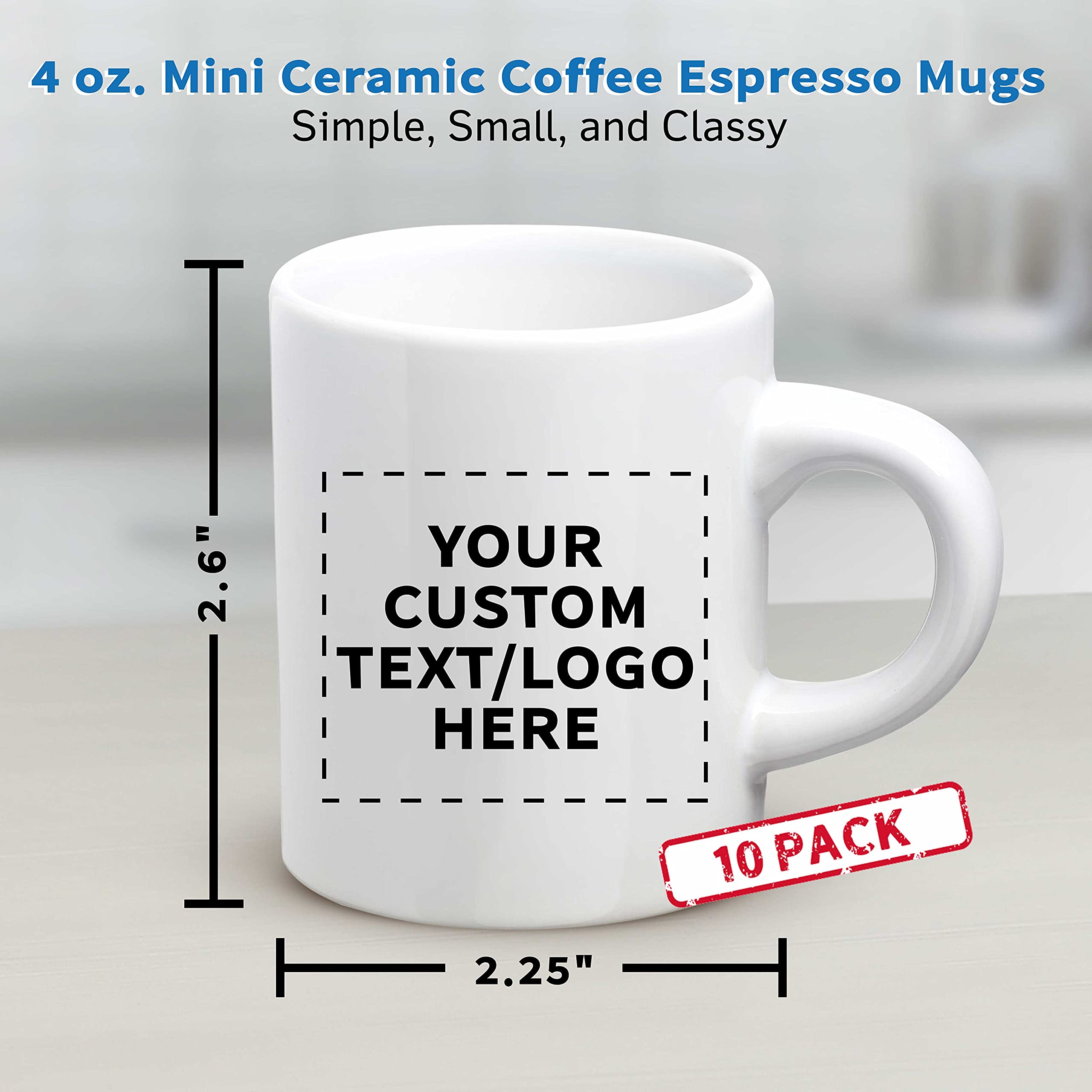 10-Pack Mini Ceramic Coffee Mugs 4oz - Custom Text & Logo - Durable Stoneware with C-Handle - Perfect for Office Gifts, Wedding Favors, and Home Decor (White)