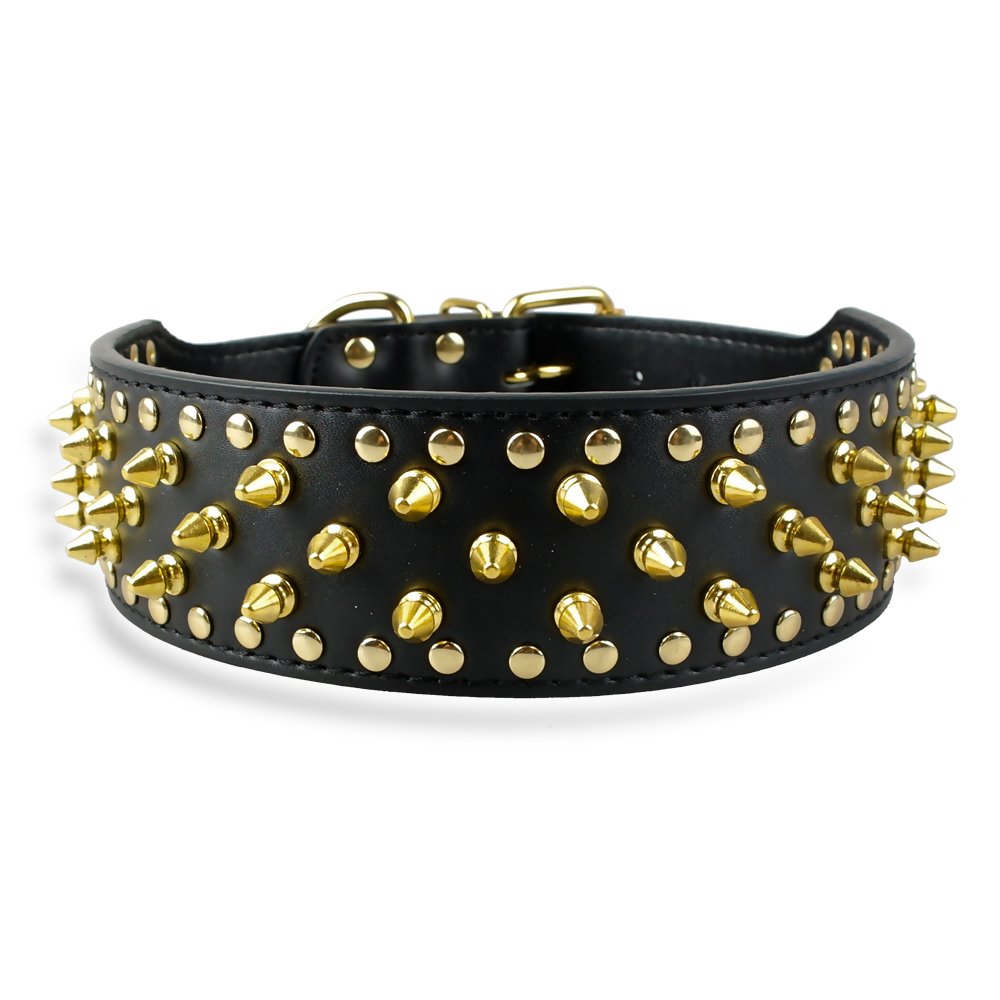 Black Leather Dog Collar with Golden Spikes Studded - Medium & Large Size (21-24