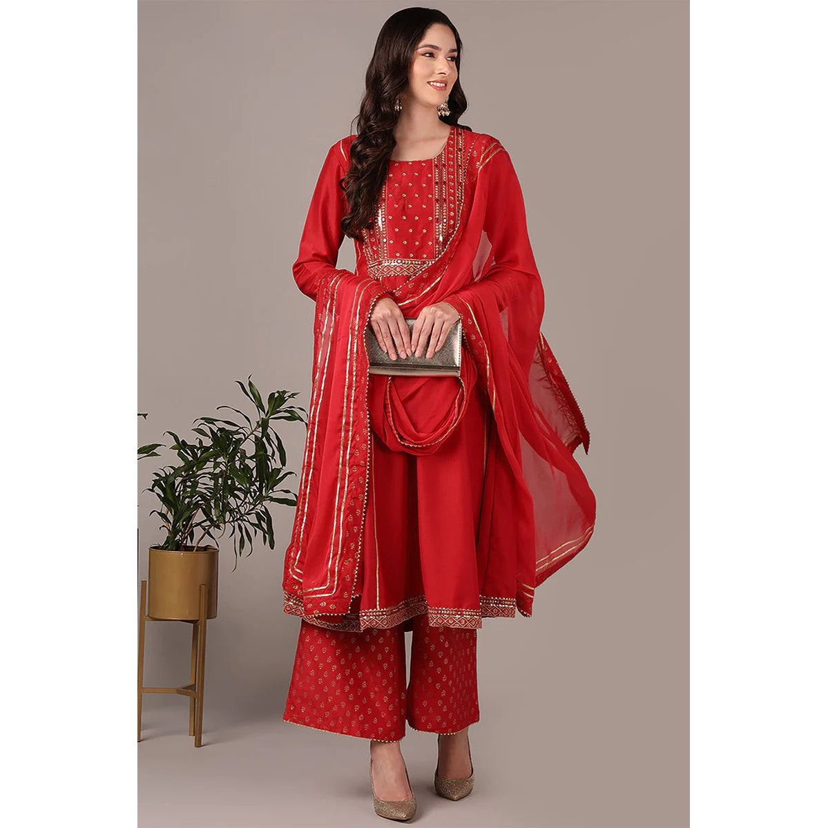 Elegant Red Silk Blend Anarkali Dress Set for Women | Festive & Party Wear | Perfect for Weddings, Diwali Celebrations & Special Occasions
