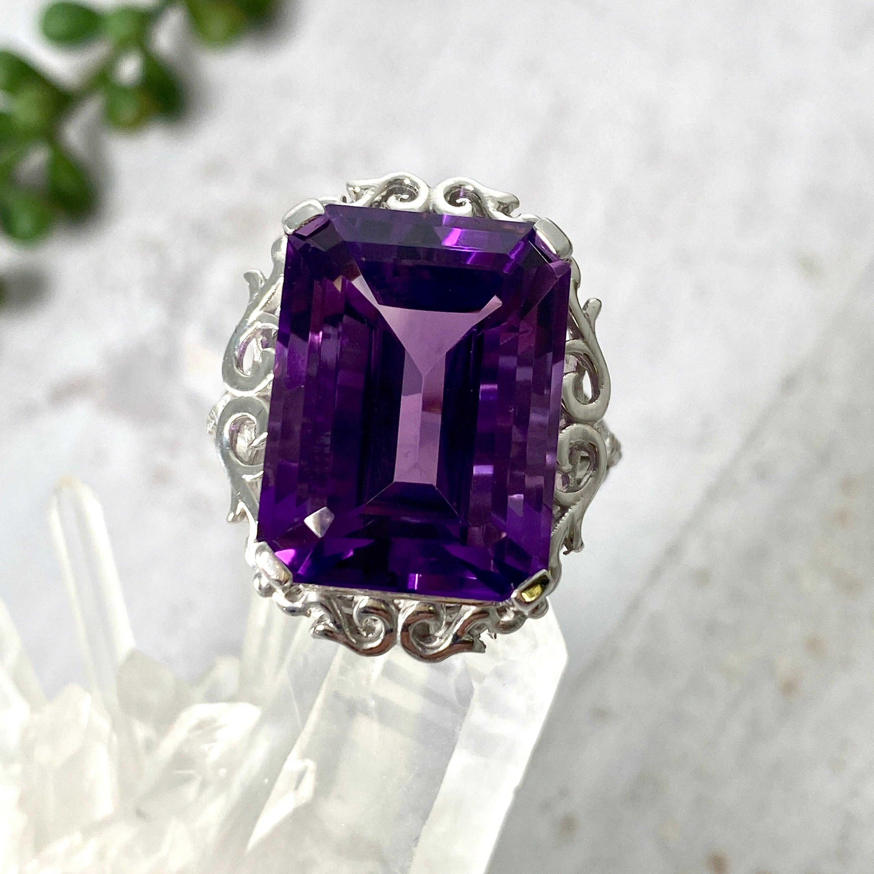 Amethyst Emerald Cut Ring with CZ Accents - Size 8 - HRGJ 35 - Elegant Jewelry for Women, Perfect for Weddings, Anniversaries & Special Occasions