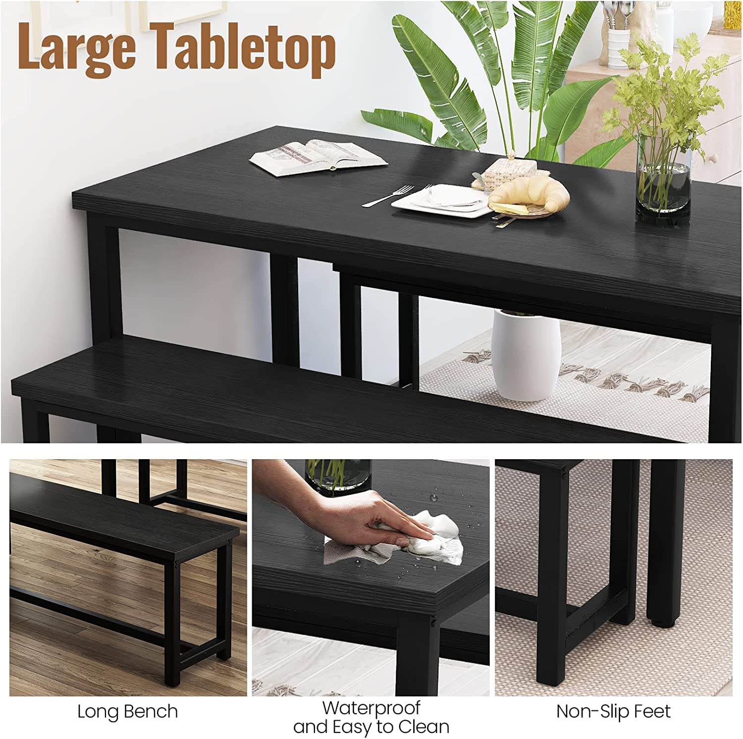 Farmhouse Dining Table Set with 2 Benches - Solid Wood Kitchen Table and Chairs for 4-6 People, Black Breakfast Nook Set for Small Spaces - Perfect for Family Meals, Entertaining Guests & Cozy Dining