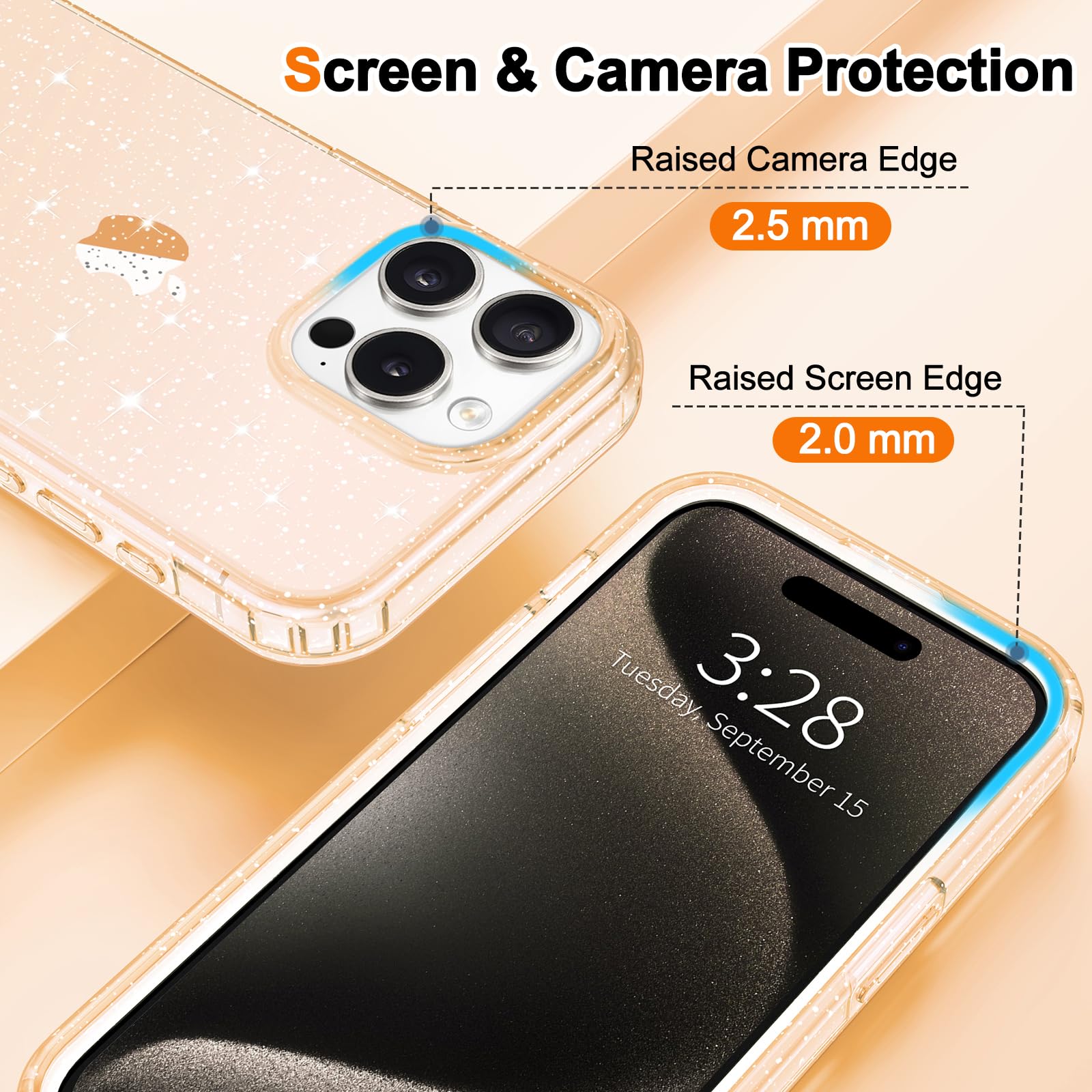 Hython iPhone 15 Pro Max Case - Glitter Clear Sparkly Protective Cover | Shockproof Slim Fit TPU Phone Case for Women & Girls (Gold Glitter) - Perfect for Everyday Use, Parties & Gift Giving