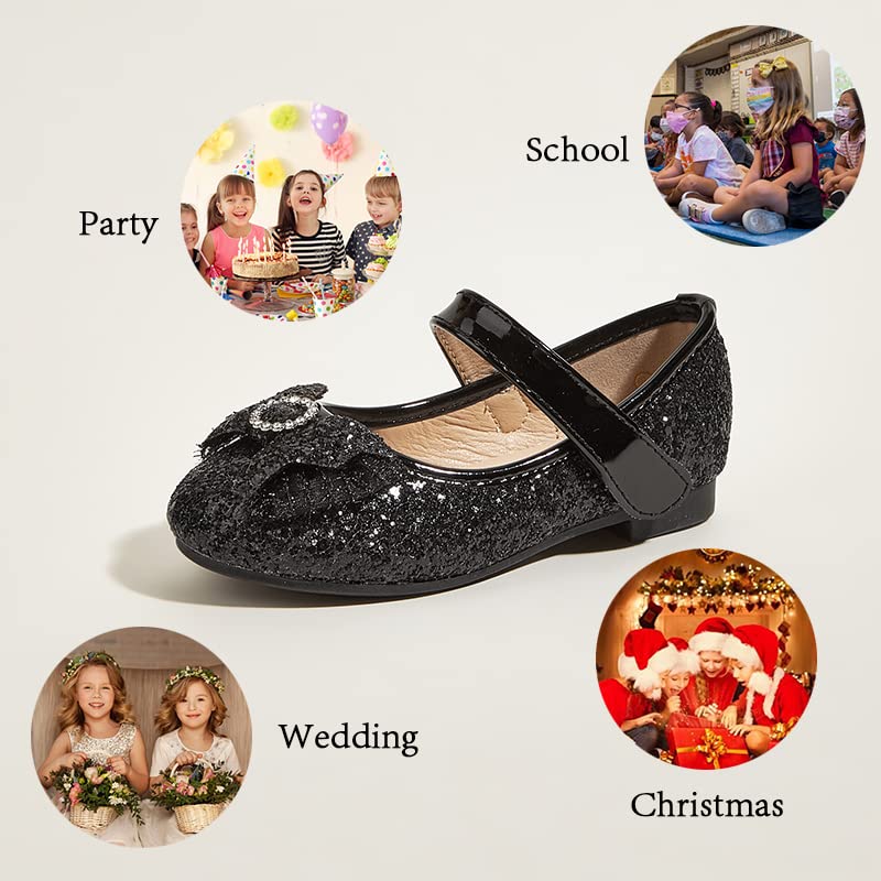 K KIP WOK Toddler Girl Mary Jane Dress Shoes with Glitter & Flower Design - Ballet, Wedding, Party & Special Occasion Outfit for Little Girls